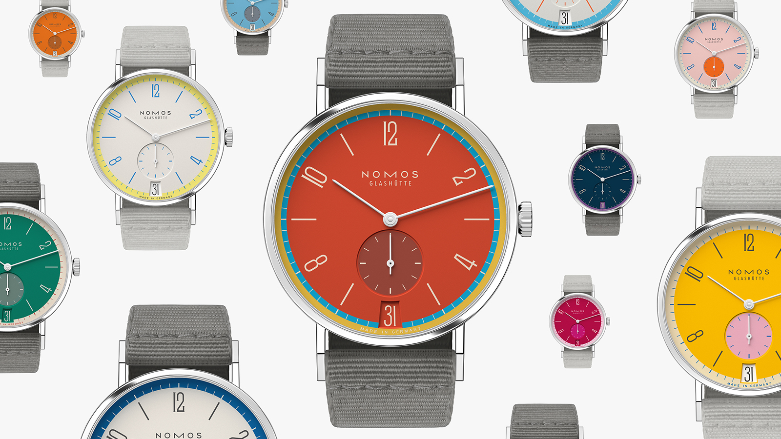 NOMOS今年在經典系列Tangente，推出31款不同主題的配色，為每個月的每一天提供了一組顏色搭配，用色彩豐富的繽紛呈現，陪襯簡約內斂的整體風格，識讀性也沒有因為錶款的重點在翻玩顏色而被犧牲，充分展現NOMOS深厚的設計底蘊。