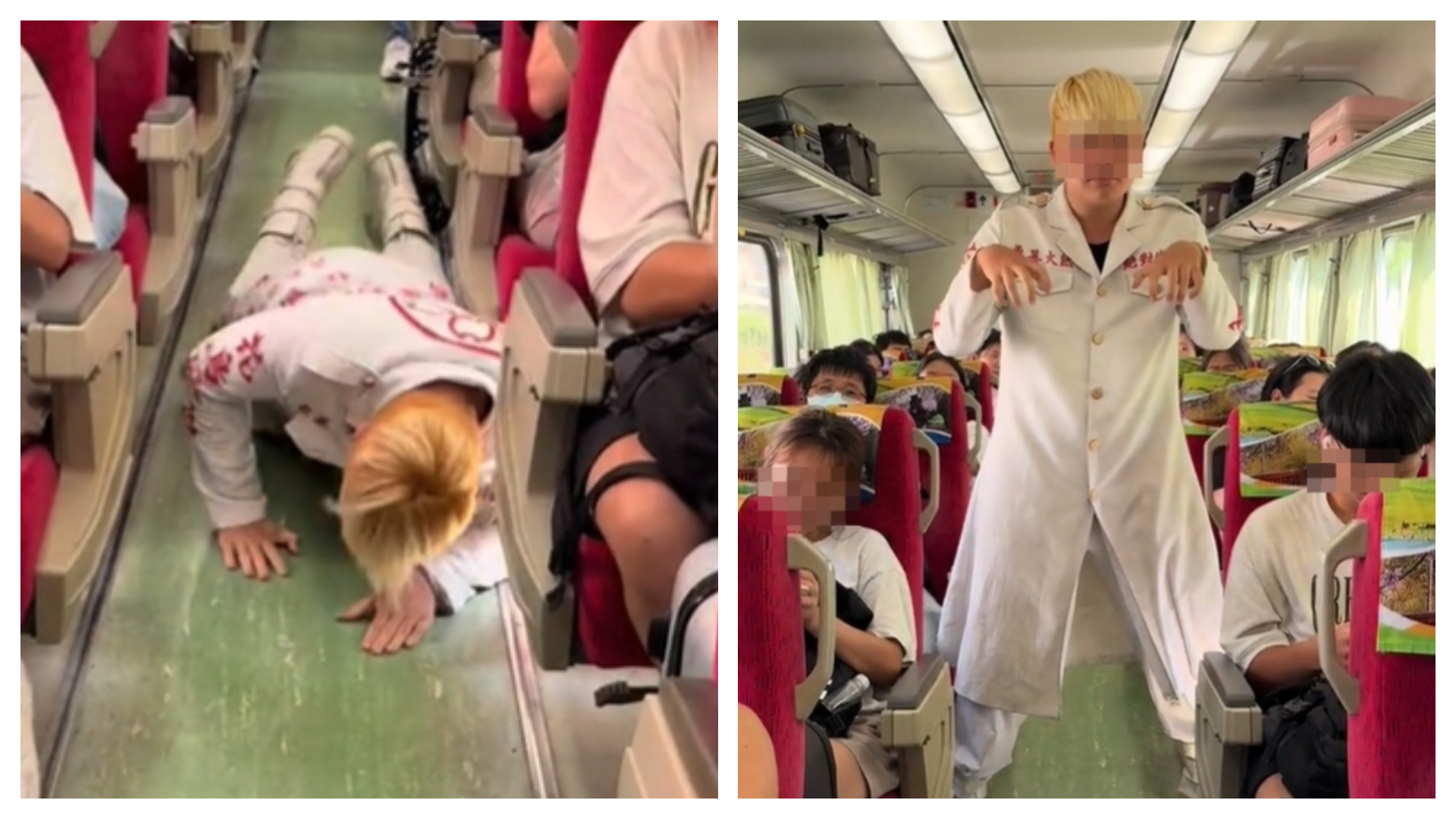 網紅搭乘台鐵時，在列車走道趴地詭異爬行並如中邪般嘶吼，嚇壞其他旅客。（翻攝自當事人TikTok）