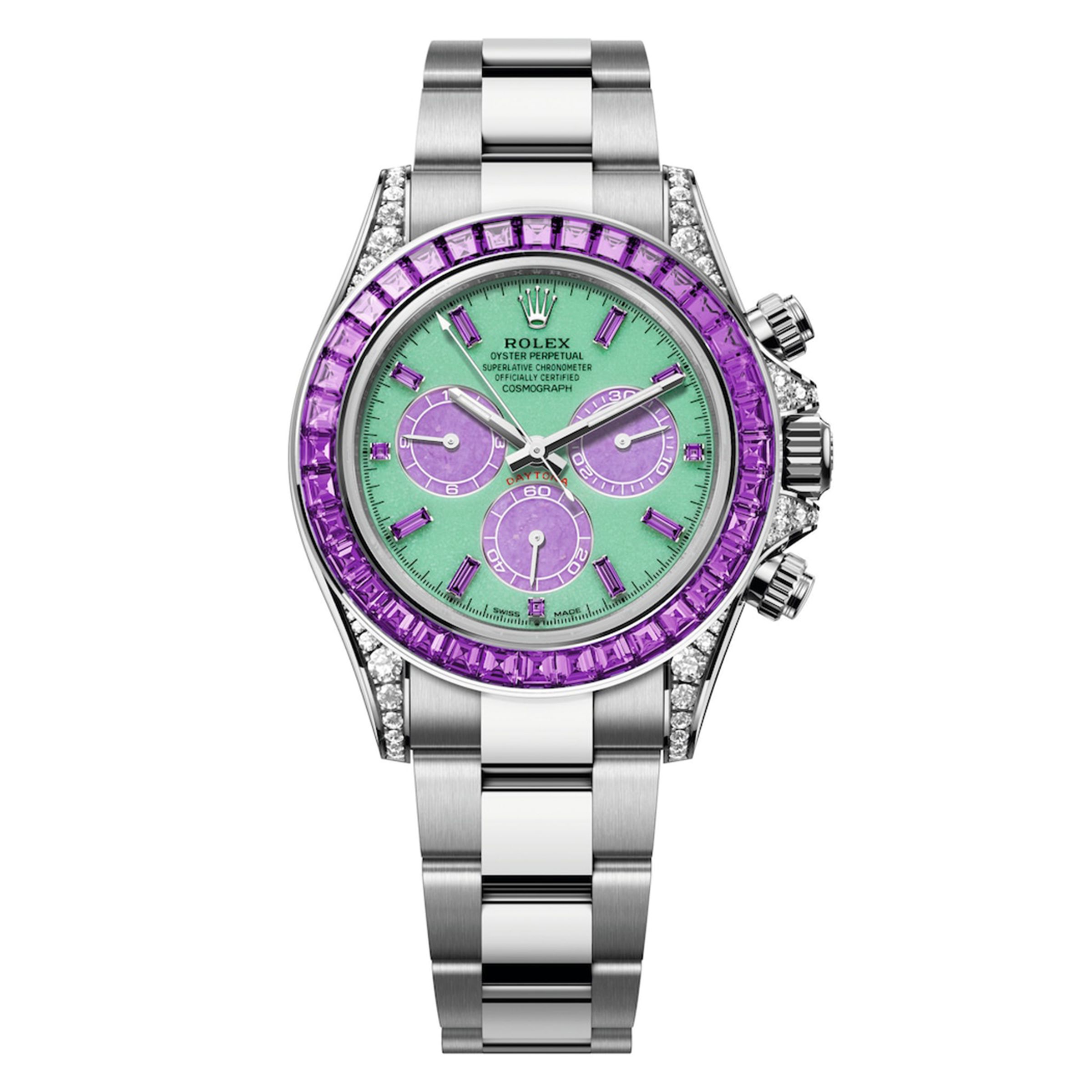 ROLEX Oyster Perpetual Cosmograph Daytona(Spring)|型號126599 SAVL/錶徑40mm/18K白色黃金材質/綠玉髓錶面,搭配鋰雲母計時盤及紫色藍寶石鐘點標記/外圈鑲嵌36顆梯形紫色藍寶石。