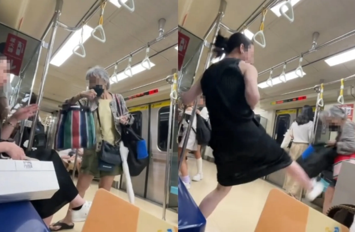 長髮男日前在北捷遭白髮老婦攻擊逼讓位，出腳踹飛老婦反擊，遭依社會秩序維護法裁處。（翻攝自Threads@queen7_910）  