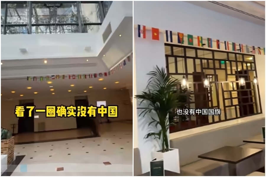 中國網紅「張教官」指控巴黎長榮桂冠酒店在奧運期間懸掛萬國旗卻獨缺五星旗，引起小粉紅響應抵制。（翻攝自張教官的有趣人生bilibili網頁）