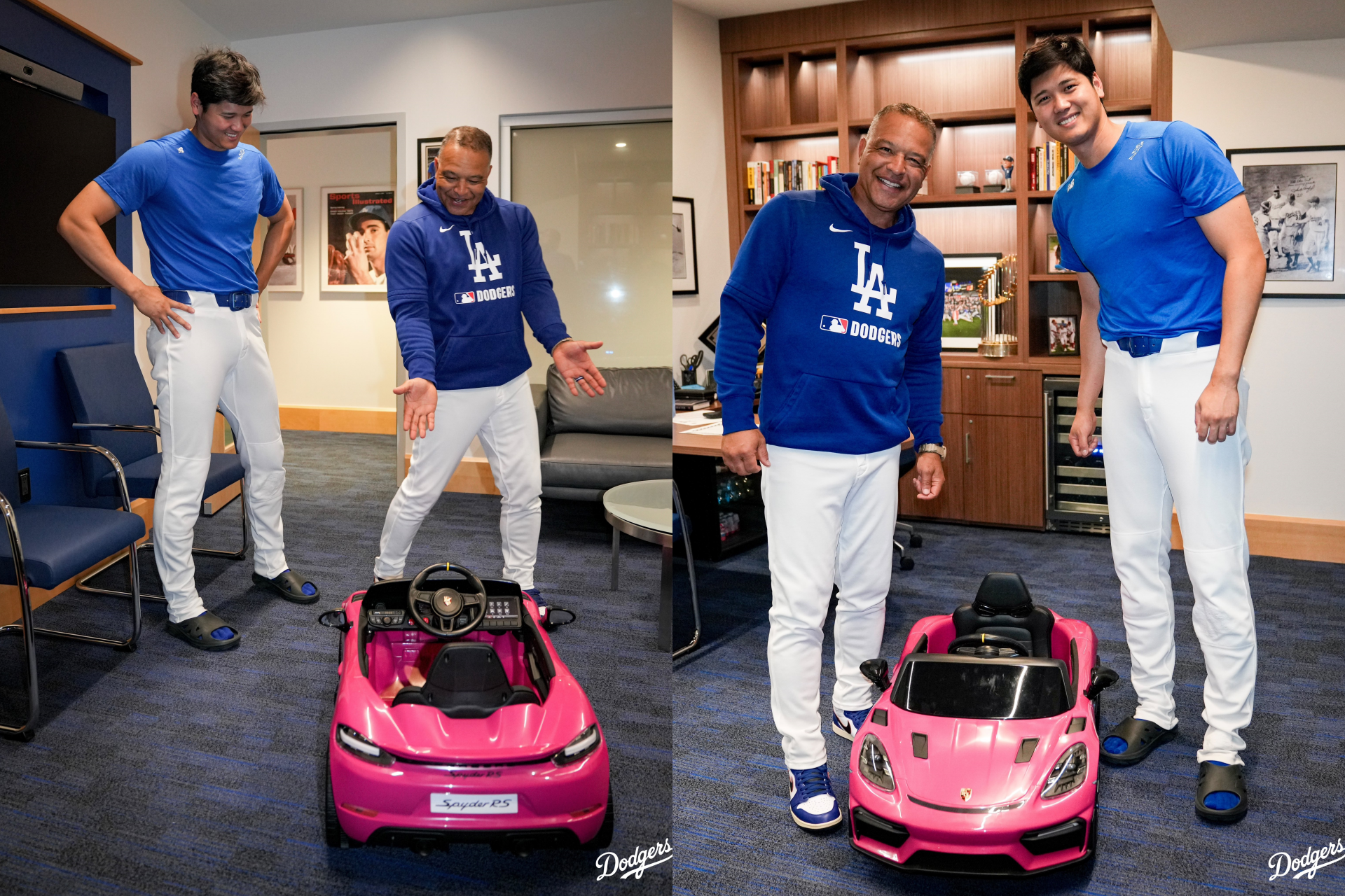 道奇隊總教練送大谷翔平的女兒一台粉紅色保時捷遙控車。（翻攝道奇社群）