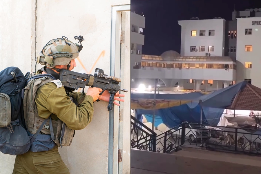 以色列今宣布對加薩最大的希法醫院（右圖）展開針對性軍事行動。左圖為以色列軍人示意圖，非當事畫面。（翻攝自X平台）