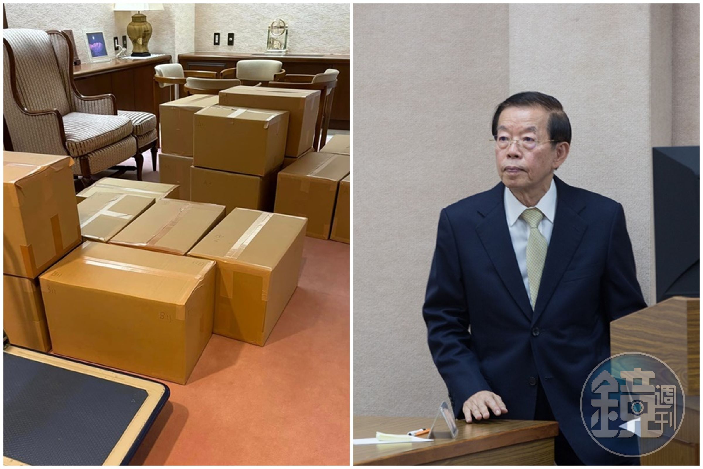 即將卸任的謝長廷整理辦公室，為打包滿櫃子的書籍煩惱。（翻攝自謝長廷臉書、本刊資料照）