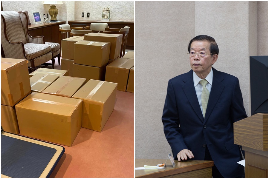 即將卸任的謝長廷整理辦公室，為打包滿櫃子的書籍煩惱。（翻攝自謝長廷臉書、本刊資料照）