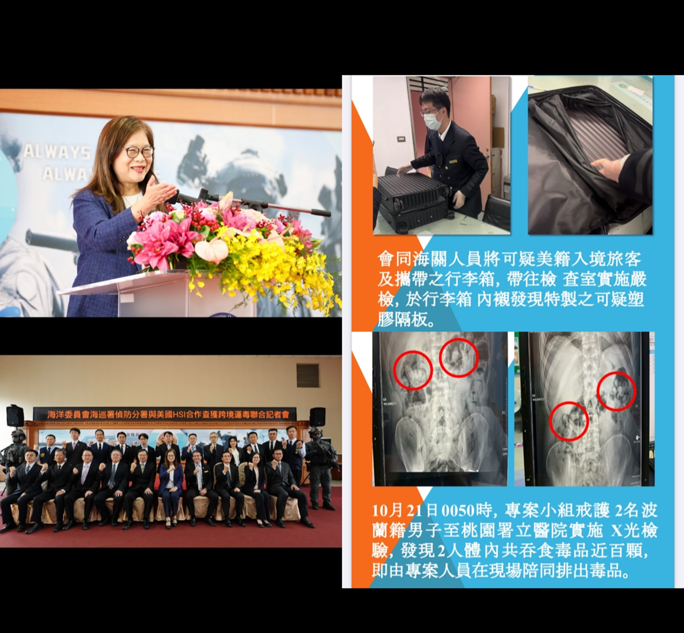 管碧玲表示,海巡署偵防分署自去年10月起,在與HSI密切合作下,成功偵破14起以人體吞食膠囊及行李夾帶之機場跨境運毒案件。(海委會提供)