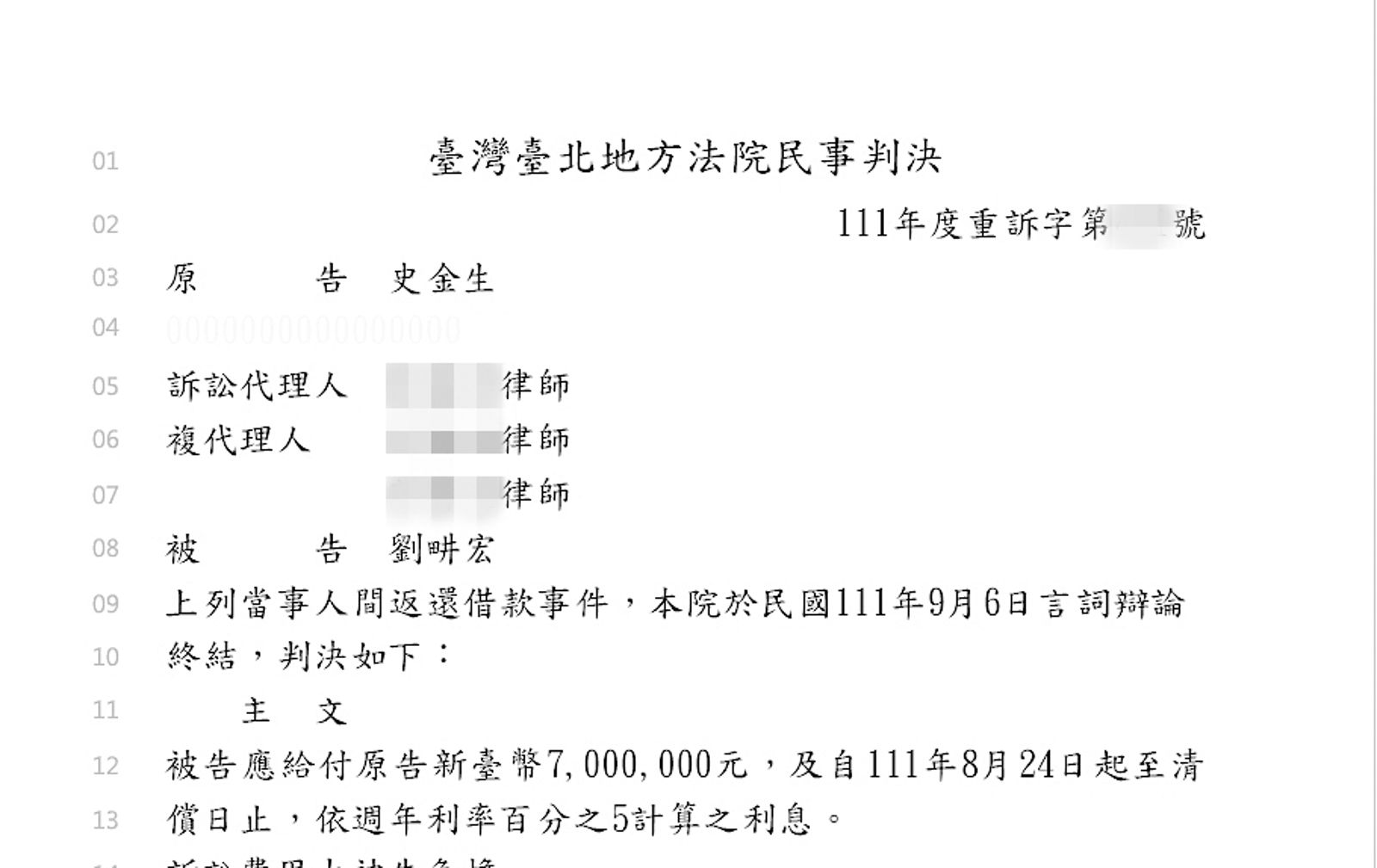 劉畊宏2013年向史金生借貸700萬元,但最後接連跳票未還錢遭提告。(翻攝自司法院判決書系統)