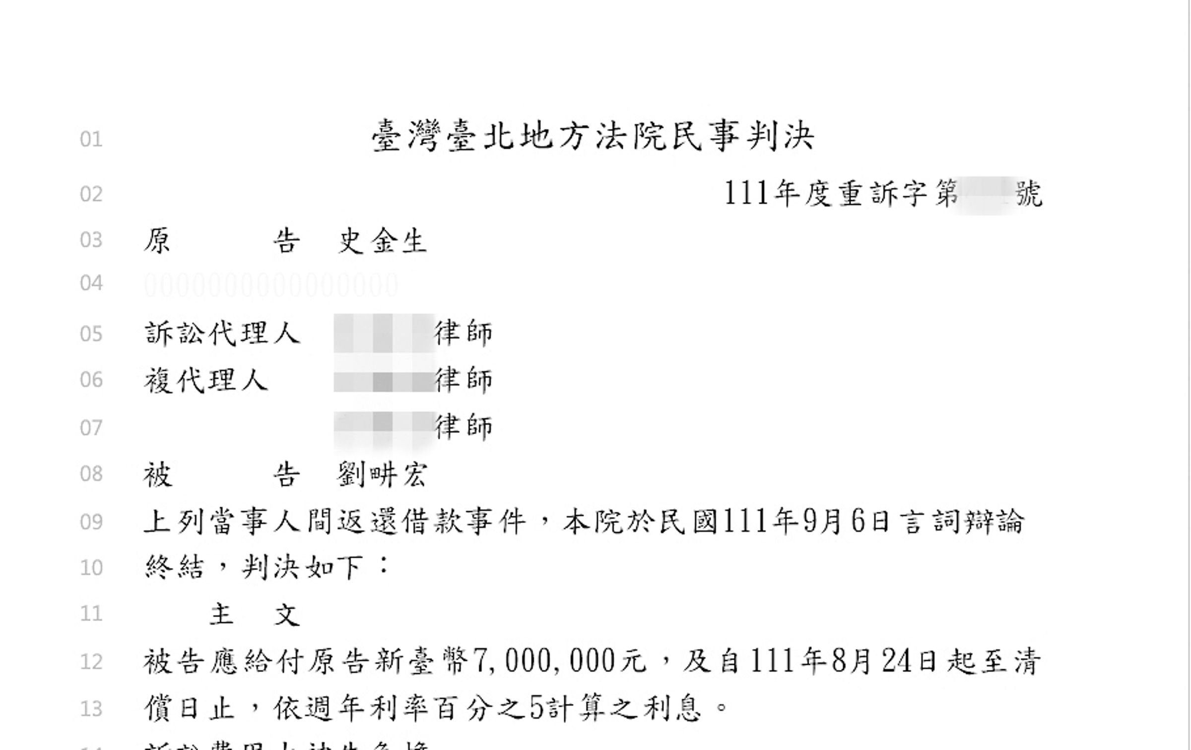 劉畊宏2013年為人作保向史金生借貸700萬元,但最後接連跳票未還錢遭提告。(翻攝自司法院判決書系統)