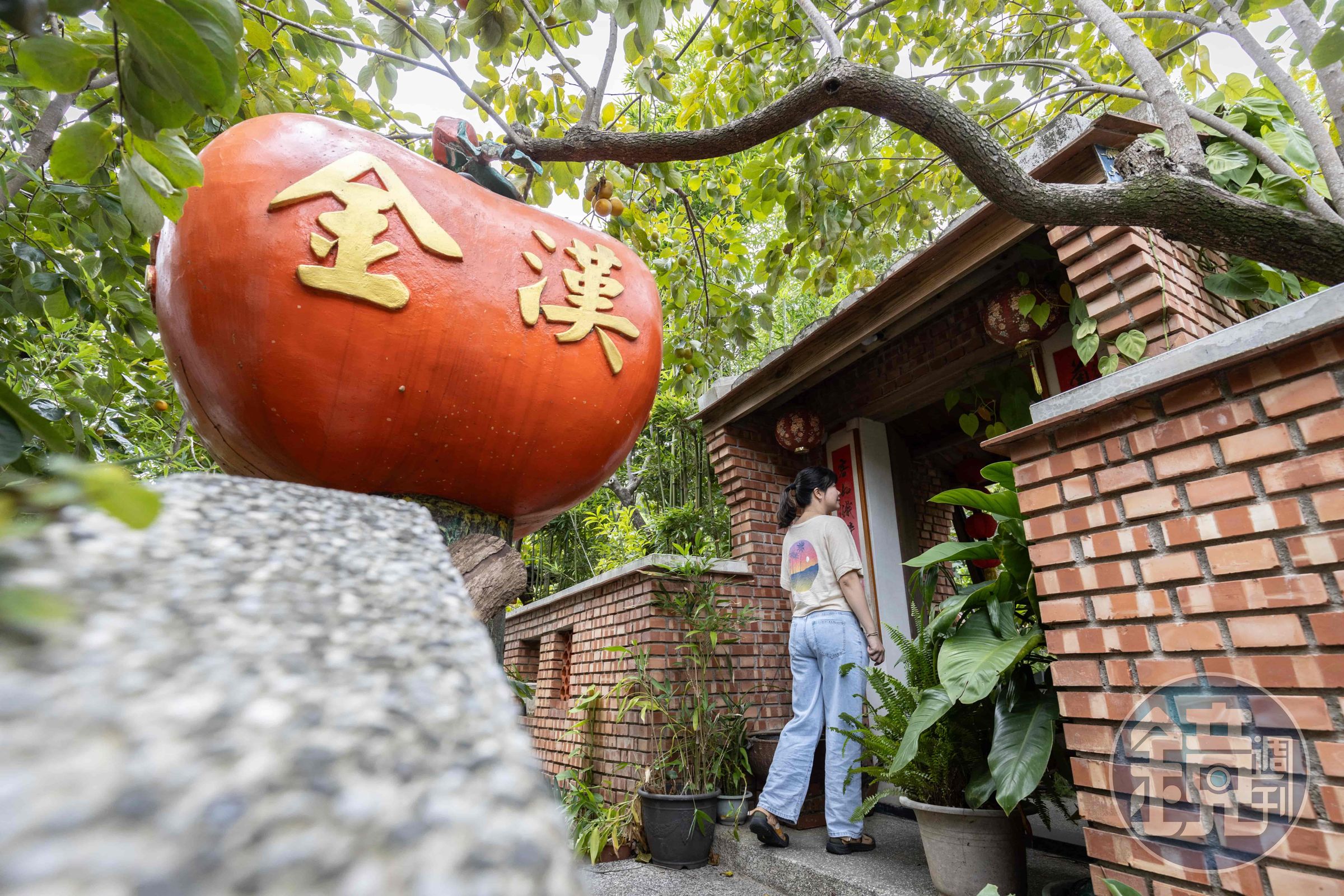 「金漢柿餅教育農園」的入口處有一顆巨無霸柿子，相當顯眼。