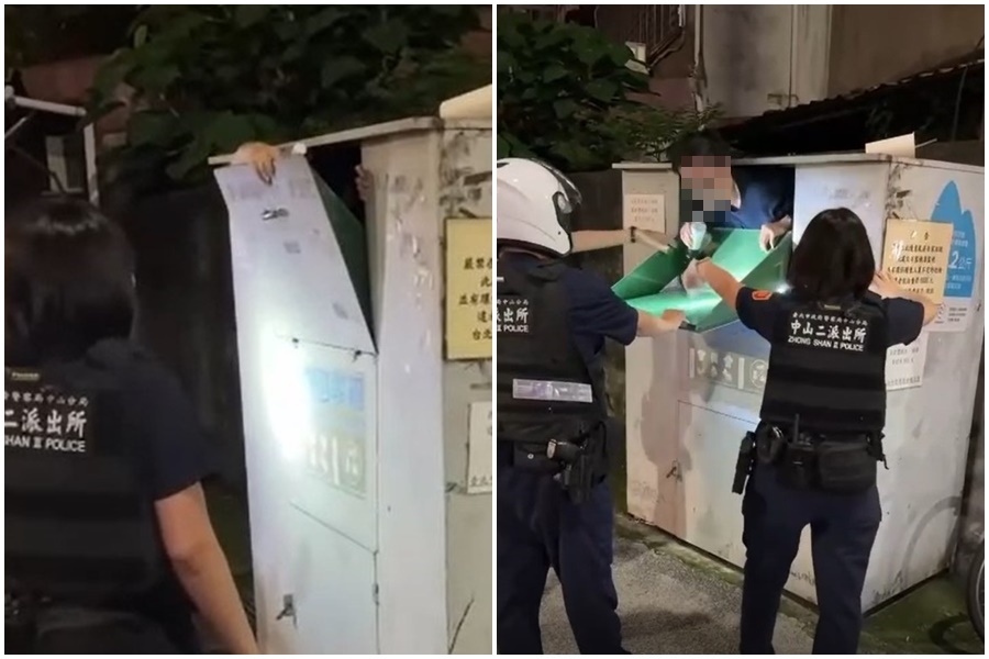 賴男昨晚爬進舊衣回收箱內，遭目擊民眾報案。（翻攝自記者爆料網）
