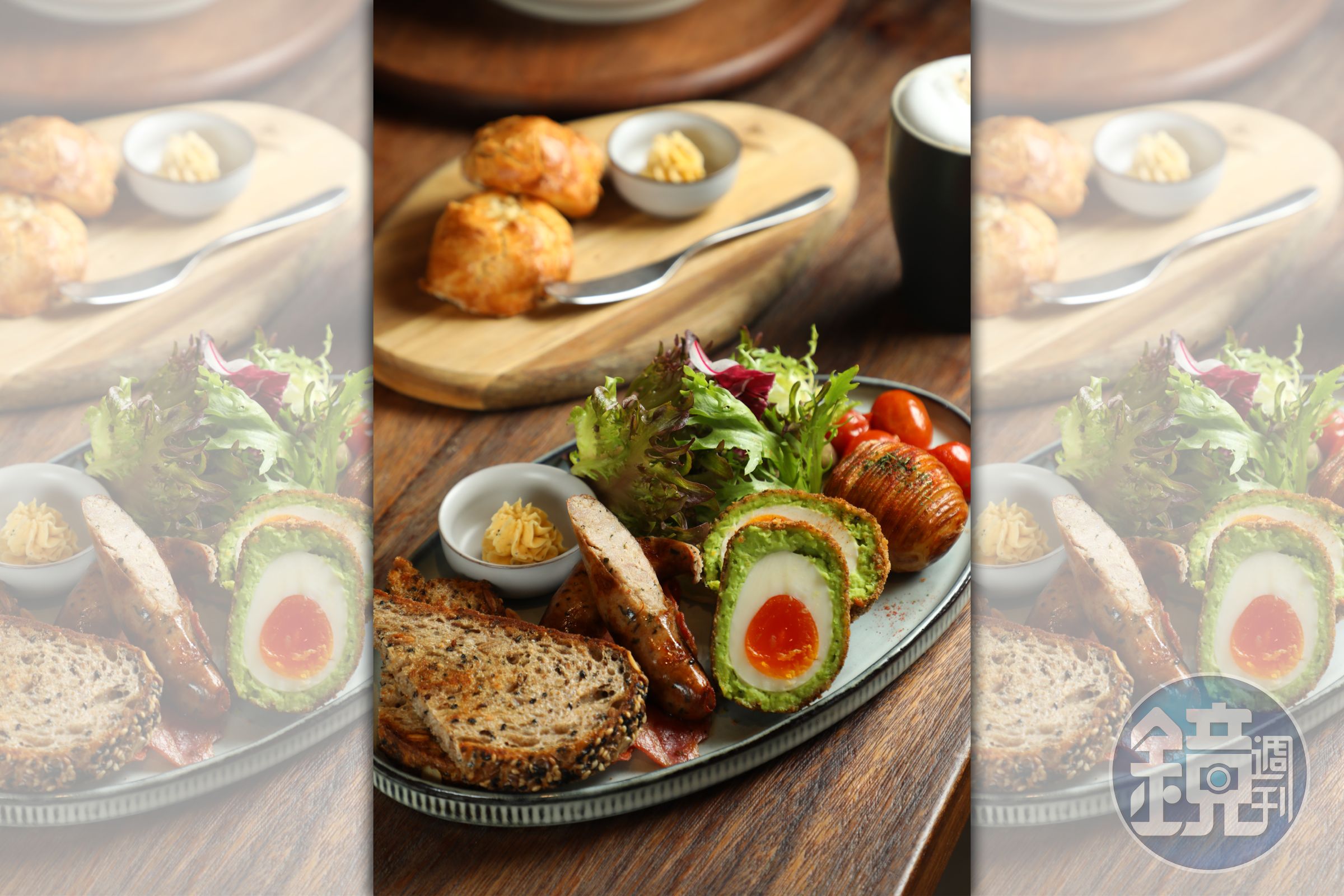CHALET V的「CV經典早餐」的蘇格蘭溏心蛋巧妙包入毛豆泥，Salt & Stone的天然酵母酸種麵包、Chez Bix的法式香料手工香腸以及風琴馬鈴薯都值得一嘗。（560元／份）