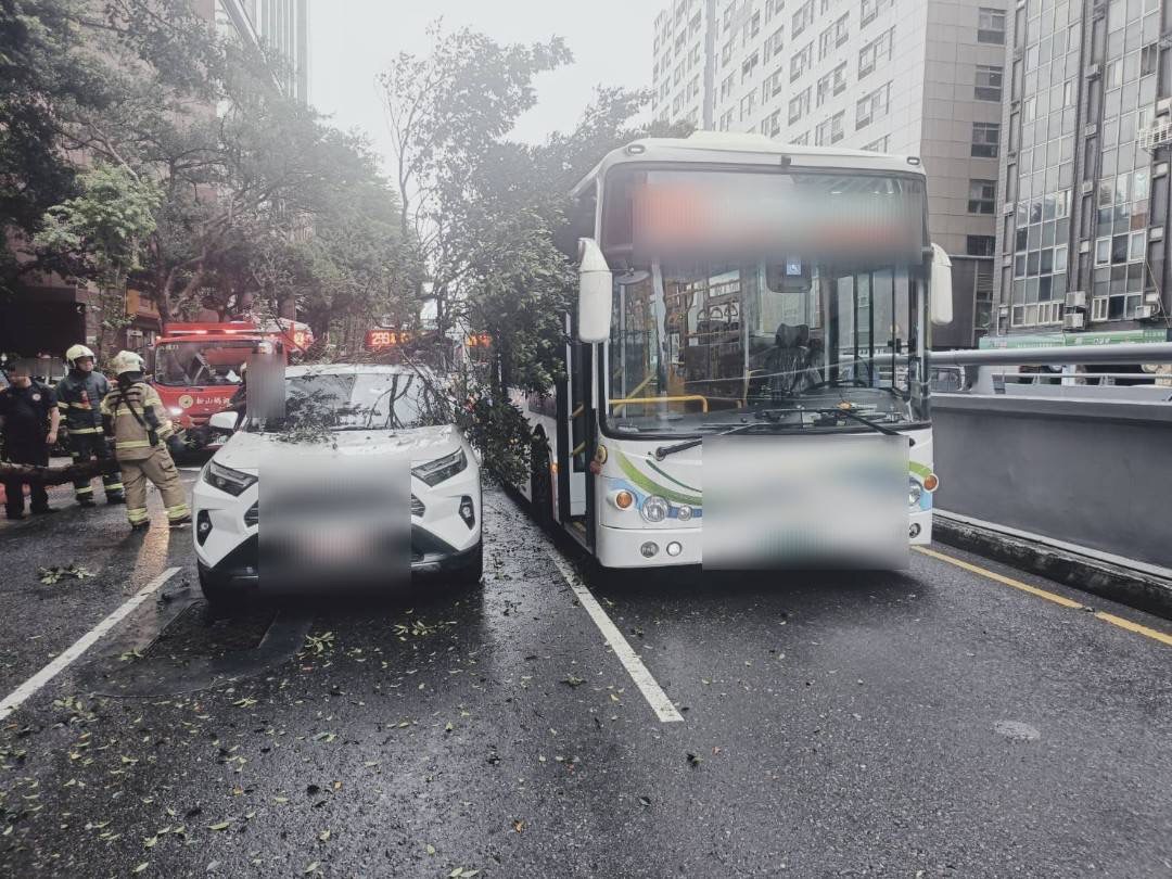 公車和多元計程車遭路樹重壓，造成2線車道一度封閉，現場交通大打結。（翻攝畫面）