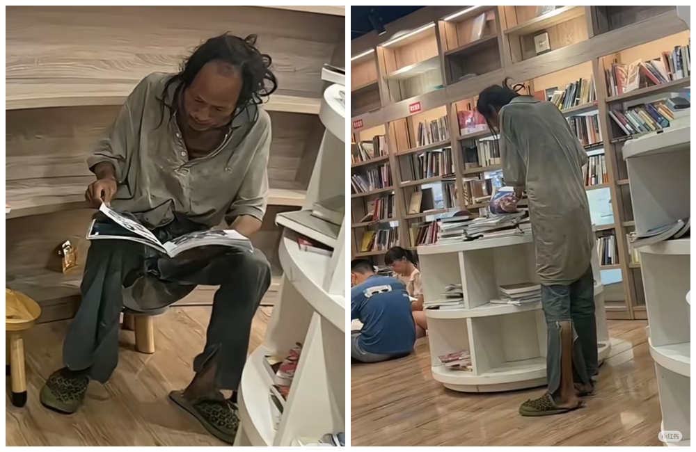 街友衣著襤褸,翻閱圖書時小心又溫柔。(翻攝自小紅書)