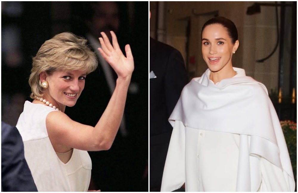 梅根（右圖）亮相巴黎時裝週，卻因一段自拍影片，被指對她的已故婆婆黛安娜王妃（左圖）不敬。（翻攝X@DistinctPost、Fans Princess Diana 臉書）