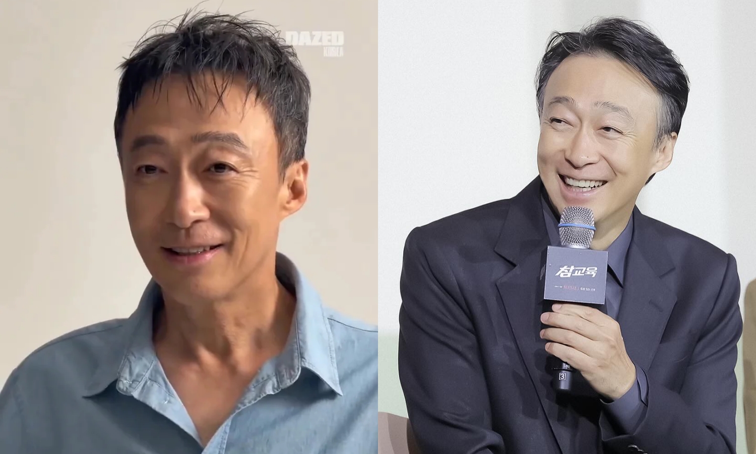 李星民上月出席《鐵拳教育》記者會，瘦了一大圈的模樣已讓眾人驚訝，近日曝光拍攝專訪的畫面曝光，又更瘦了。（左翻攝DAZED korea IG、右翻攝hbtent_official IG)