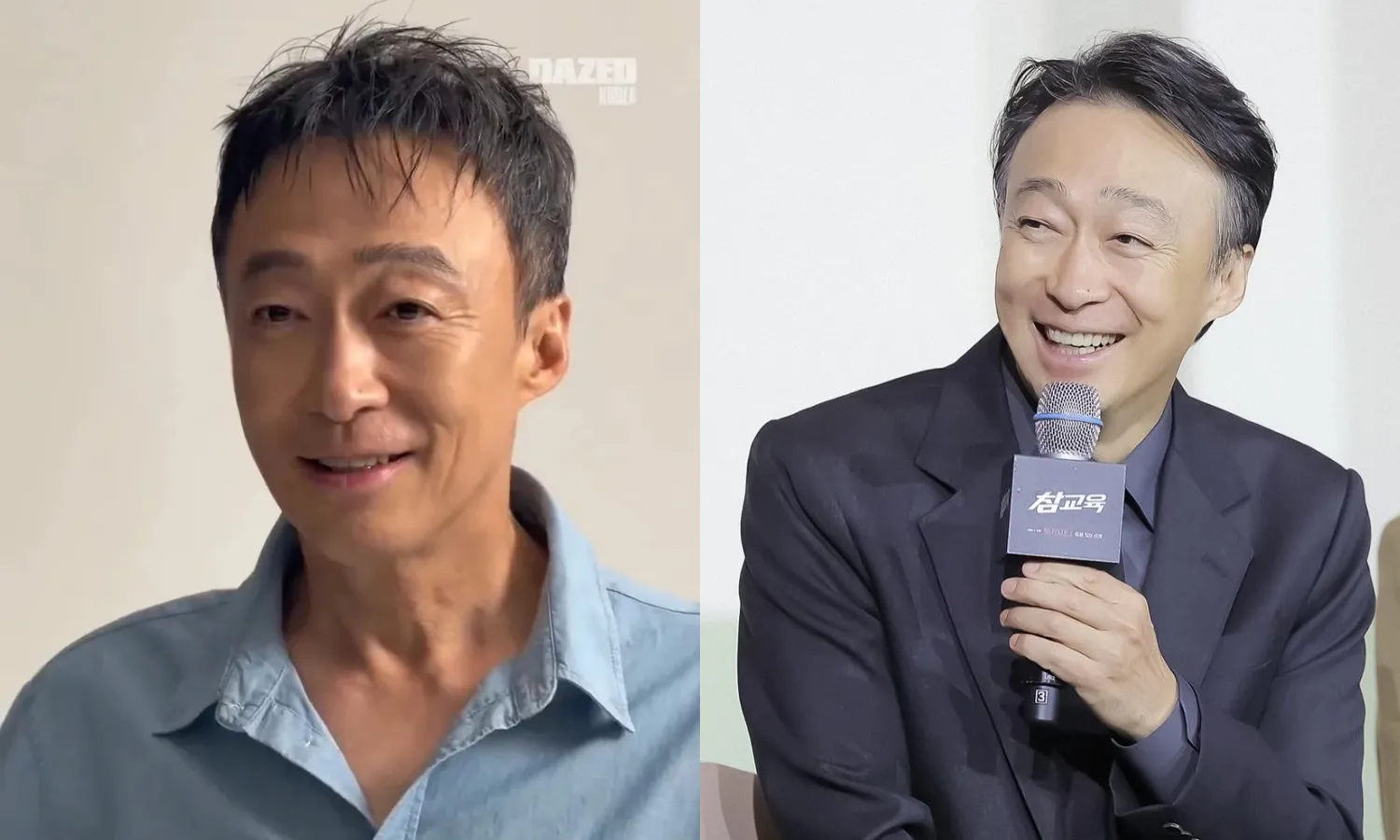 李星民上月出席《鐵拳教育》記者會，瘦了一大圈的模樣已讓眾人驚訝，近日曝光拍攝專訪的畫面曝光，又更瘦了。（左翻攝DAZED korea IG、右翻攝hbtent_official IG)
