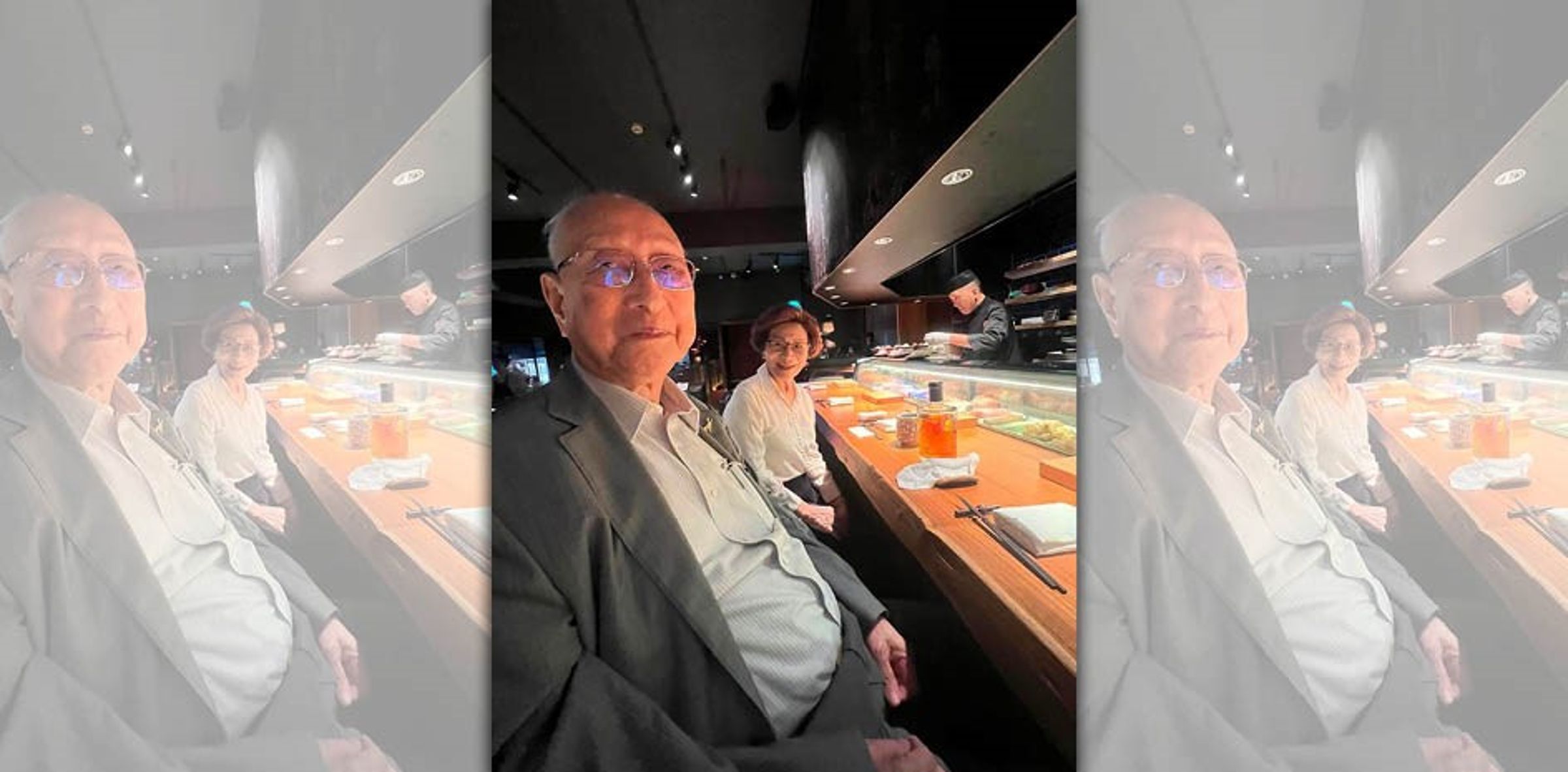 謝金河與鱈魚香絲98歲老闆林逢寅聚餐。（翻攝自謝金河 投資理財臉書）