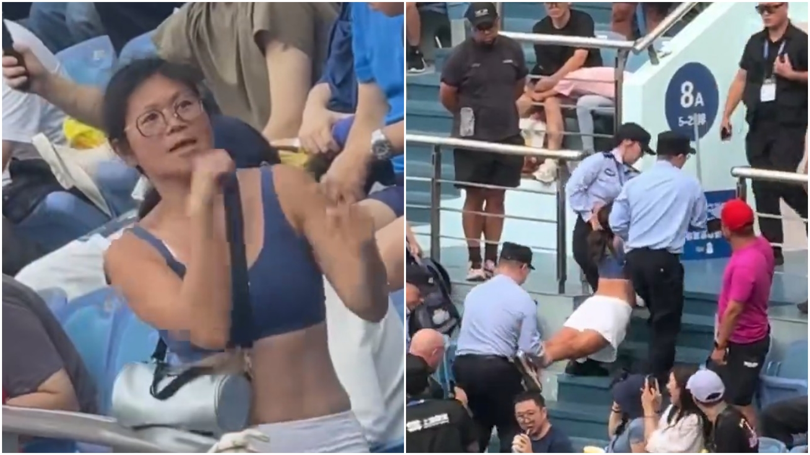 「短裙姐」大鬧網球比賽，最後狼狽被抬離球場。（翻攝微博）