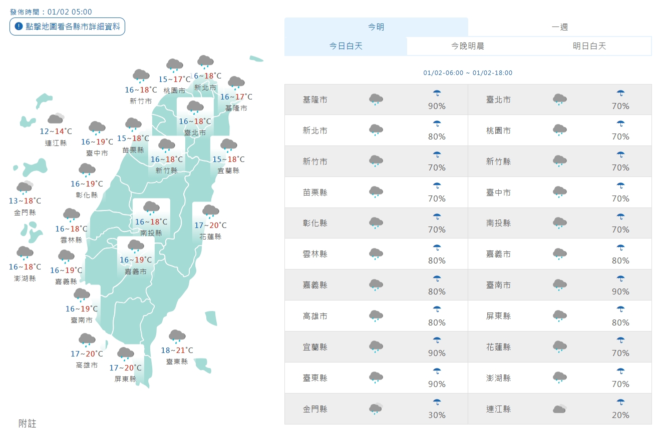 全台各地天氣狀況。（翻攝自中央氣象署官網）