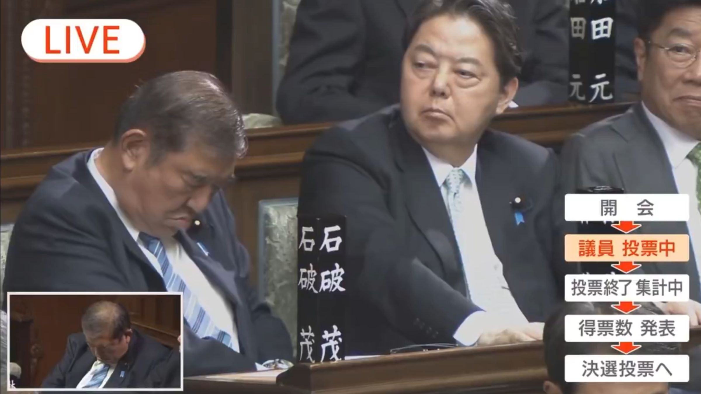 石破茂睡著，林芳正不知道是否有注意到。（翻攝X@shindereraga）