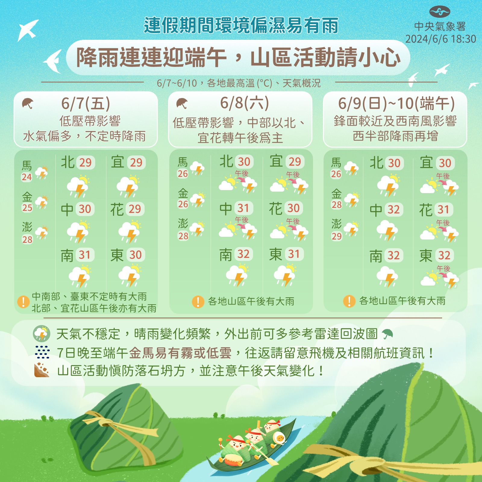 連假期間環境偏濕易有雨,氣象署提醒民眾,前往山區活動請小心安全。(氣象署提供)