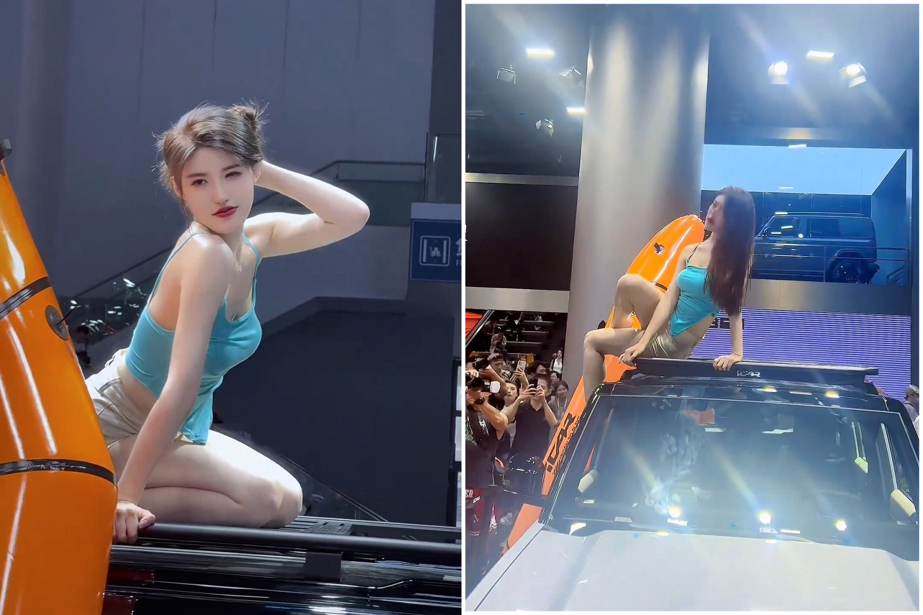 正妹車模表演火辣挑逗！男觀眾興奮舉頭，中國衛道人士拳頭硬了。（翻自微博）