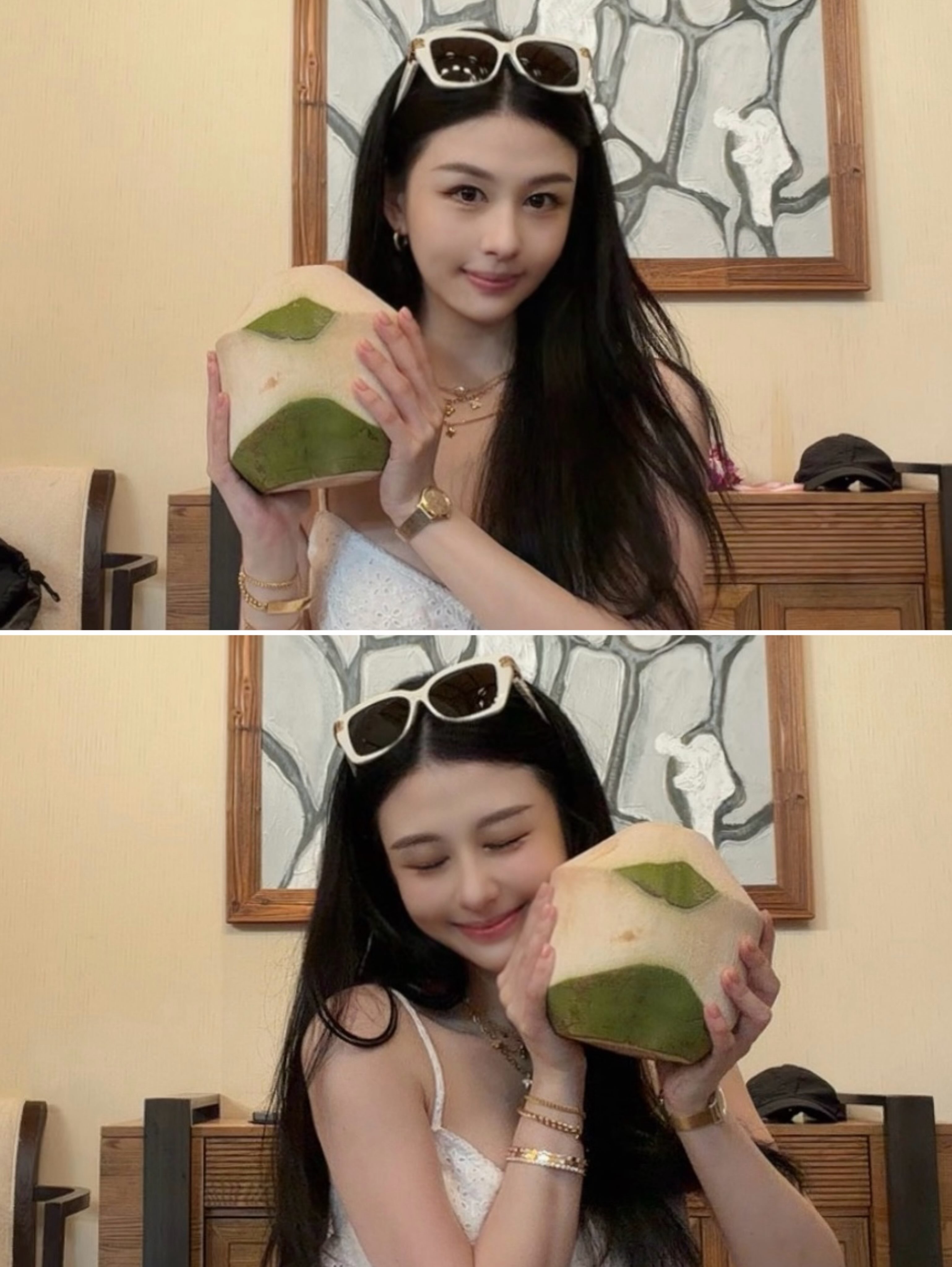 沈月拿著椰子，俏皮拍照。（翻攝yuetyuetxx IG）