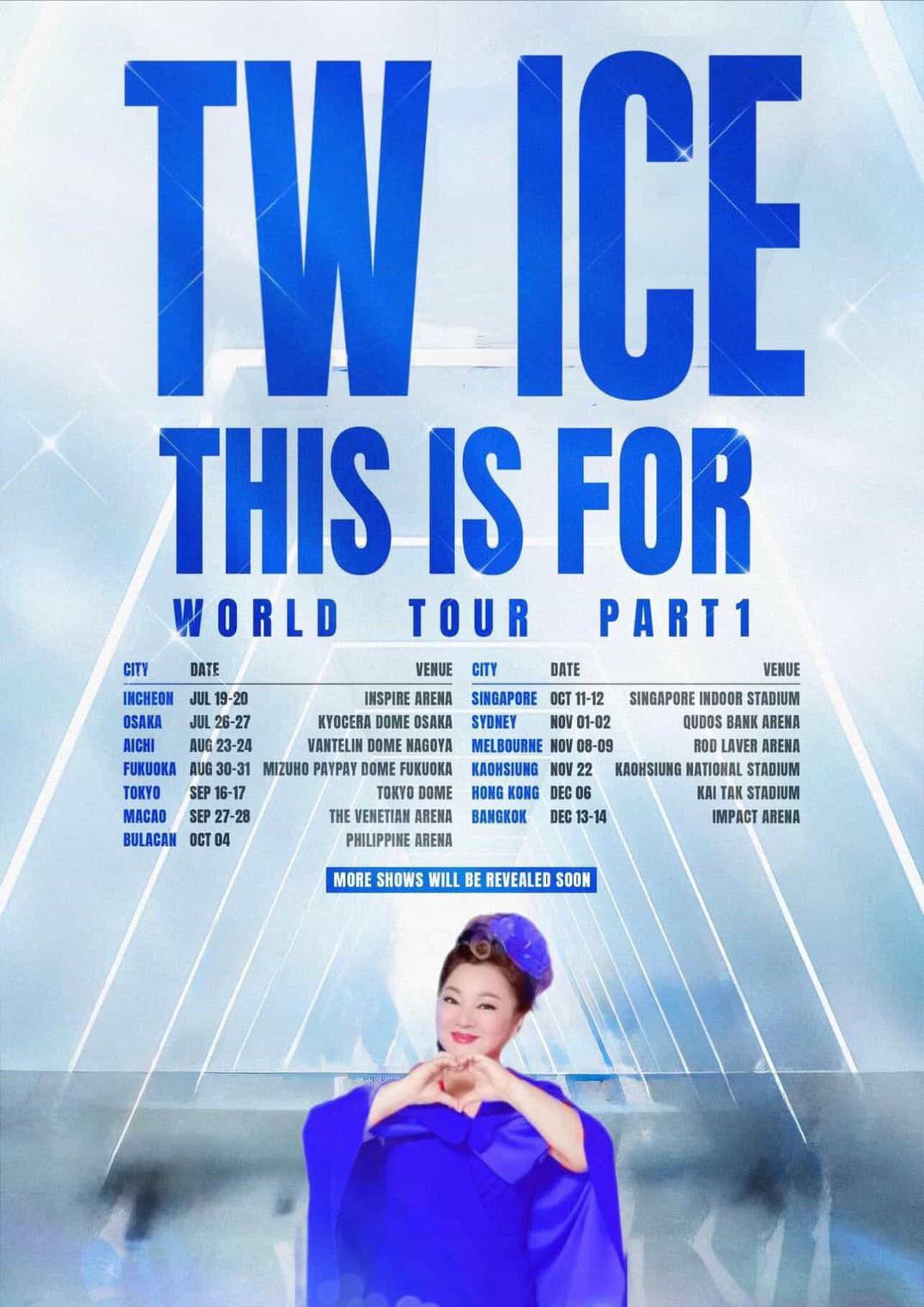 網友把TWICE巡演的海報後製變成「TW ICE」，下方還放上白冰冰手比愛心的照片。（翻攝自白冰冰臉書）