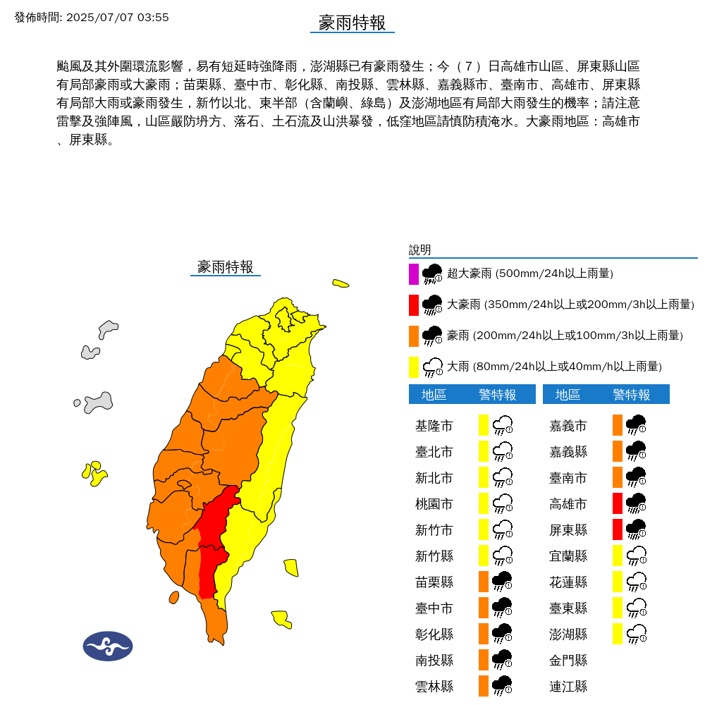 受到丹娜絲颱風影響下，台灣本島各縣市持續發布大雨、豪雨特報。（中央氣象署提供）