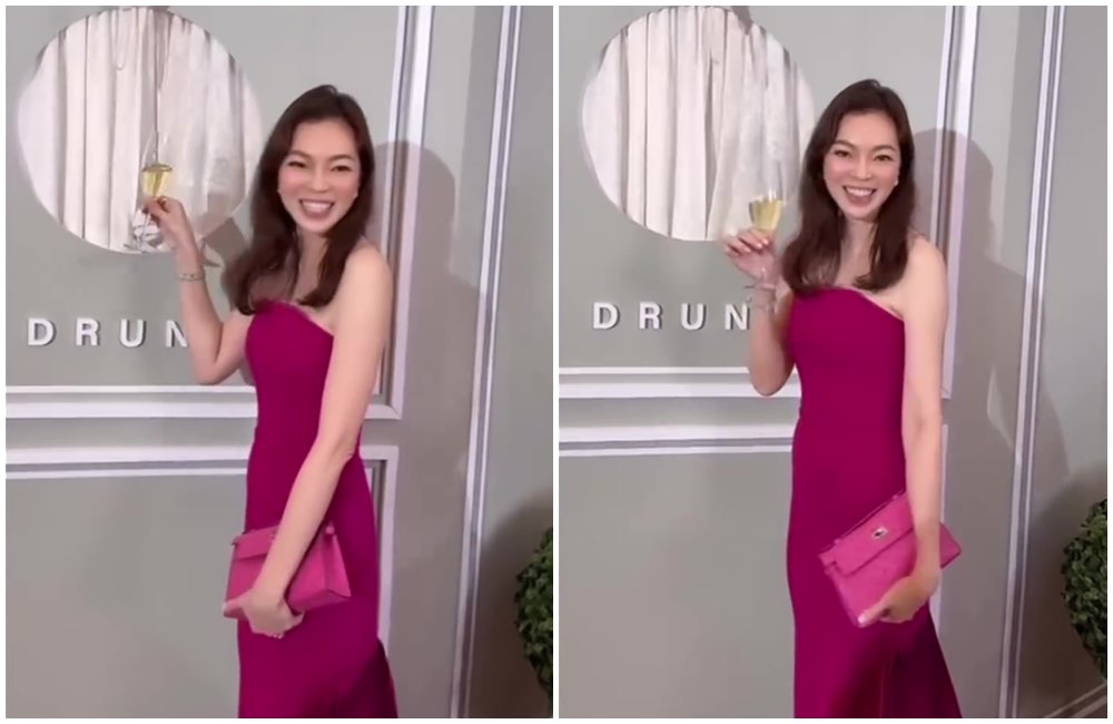 曾馨瑩參加婚禮，穿一身桃紅色，還拎了價值破百萬的Hermès Kelly Pochette Ostrich。（翻攝hsin_ying_tseng IG）