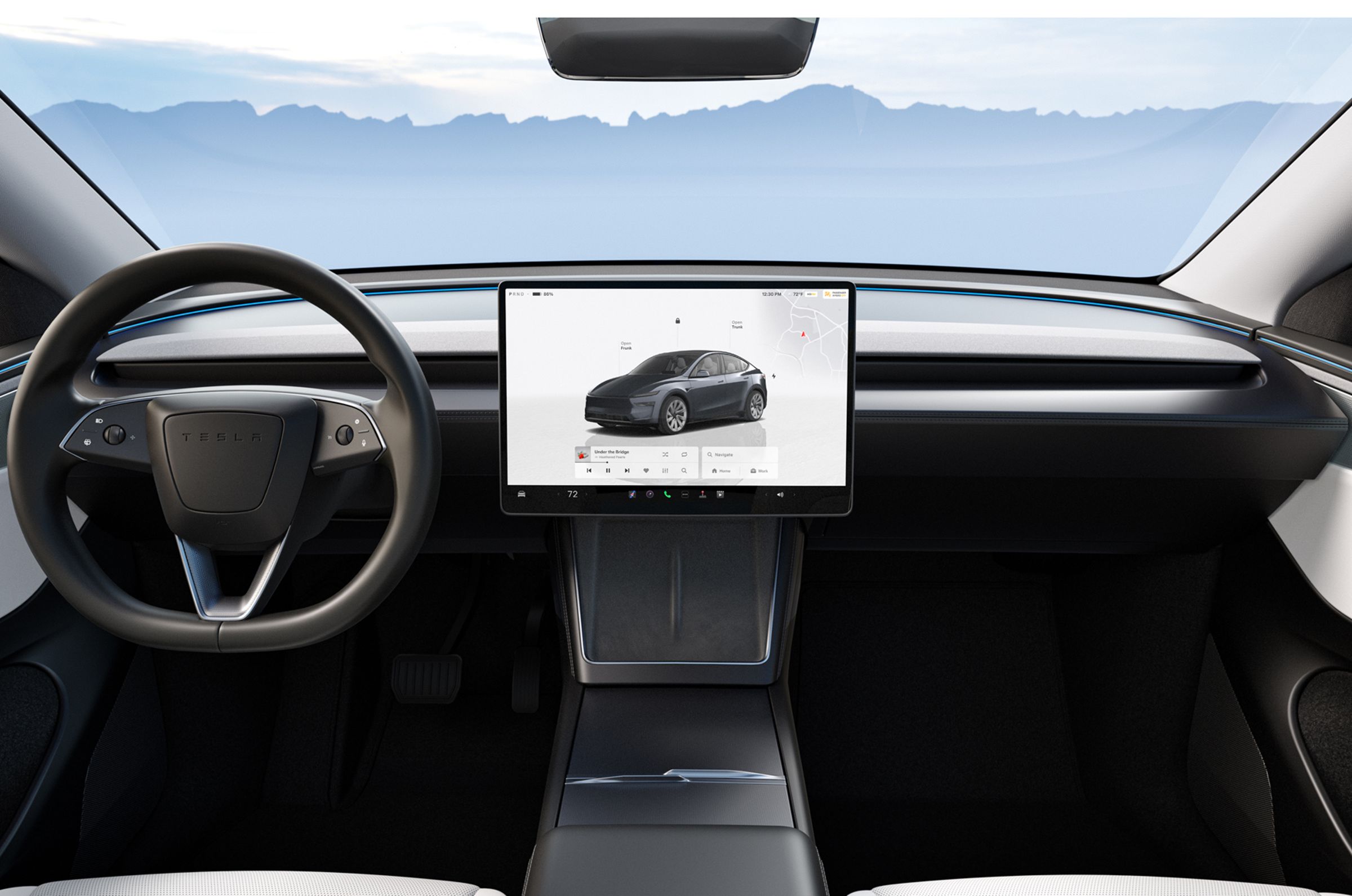 全新 Model Y 具備多項內裝與細節升級，包括環繞式 256 色氣氛燈、15.4 吋高解析度中央觸控螢幕、後排 8 吋觸控螢幕、前排通風座椅、可一鍵自動傾倒的後排加長座椅，以及標準配備的 HEPA 空調過濾系統與全新鍍銀隔熱全景天窗，全方位打造舒適靜謐的純電座艙。