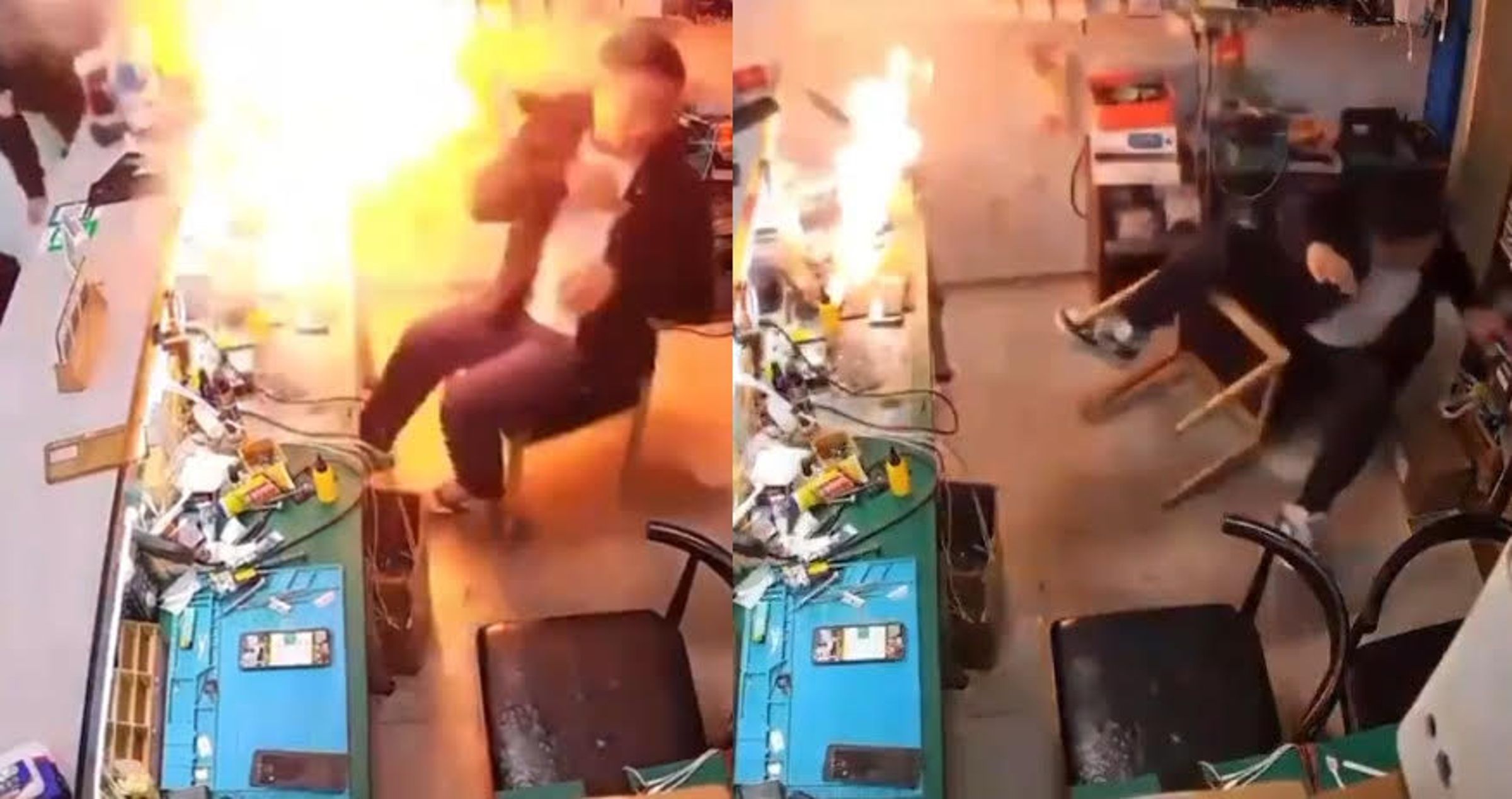 中國河南一名維修員維修手機時,突然手機電池爆炸,竄出驚人火光。(翻攝微博)