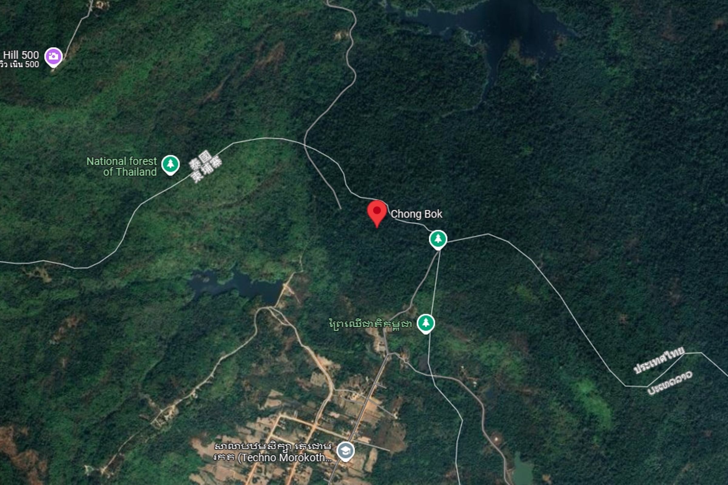 泰國與柬埔寨士兵今清晨，在泰國東北部烏汶叻差他尼府南苑縣的崇博地區（Chong Bok）發生短暫交火。（翻攝自google map）