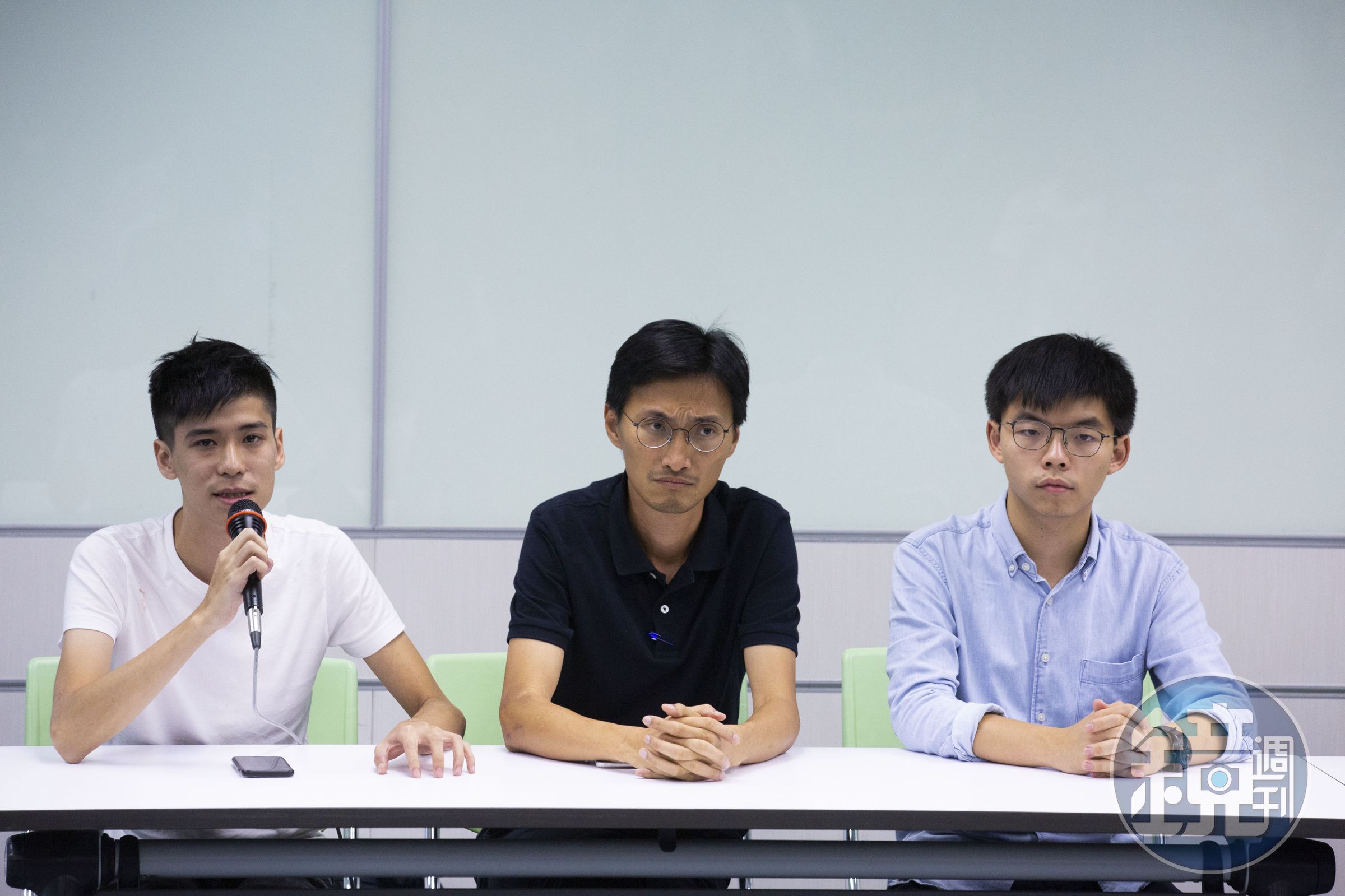 岑敖暉（左起）、朱凱廸、黃之鋒等人今遭以串謀顛覆國家罪判刑。（本刊資料照）