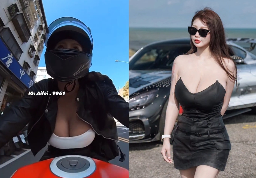 重機女神艾妃身材火辣,平常熱衷以大膽性感穿搭騎重機跑山。(翻攝IG@aifei.686868)
