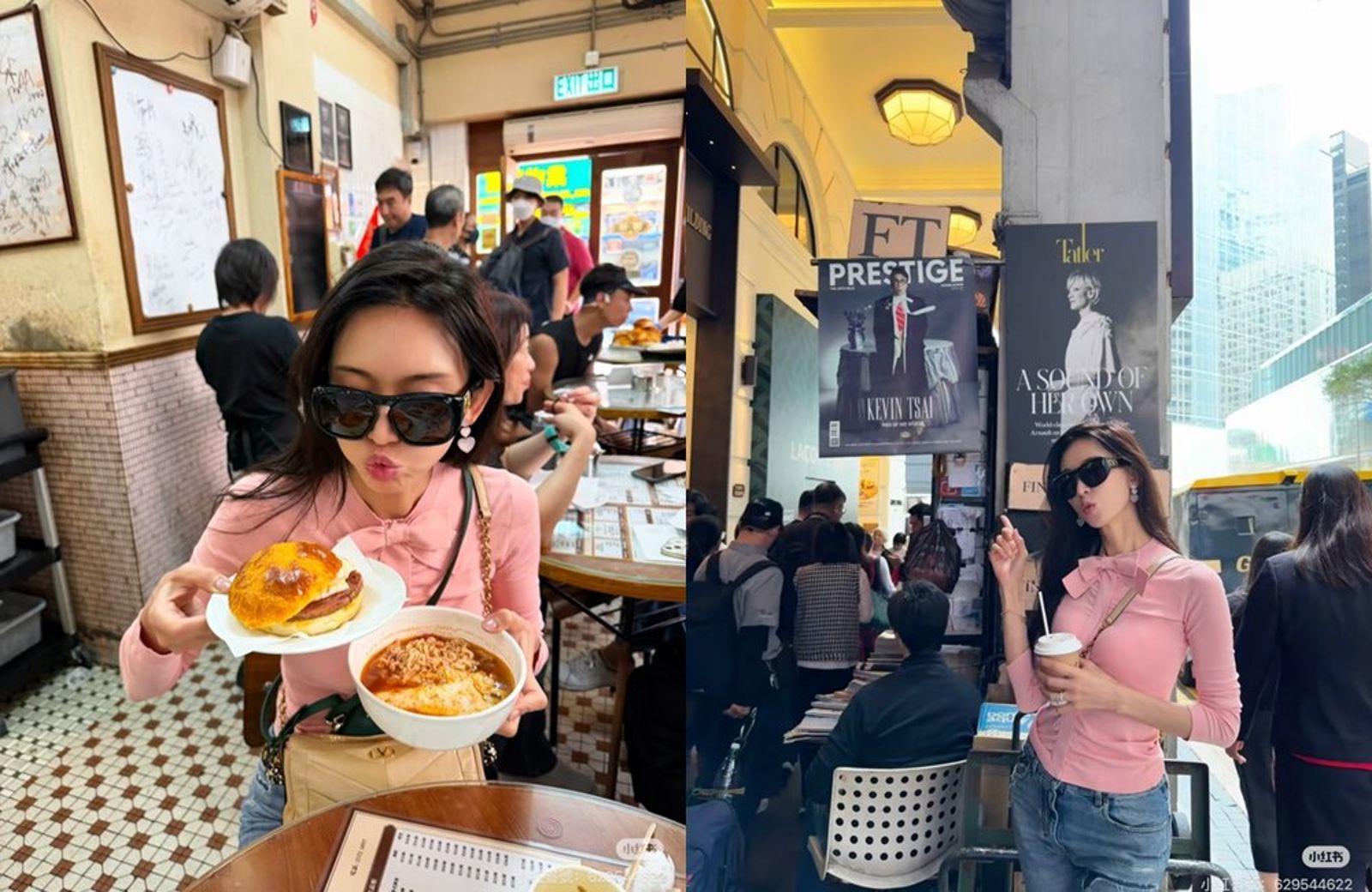 林志玲大啖美食，還出沒街頭，手指著蔡康永的展覽海報。（翻攝林志玲小紅書）