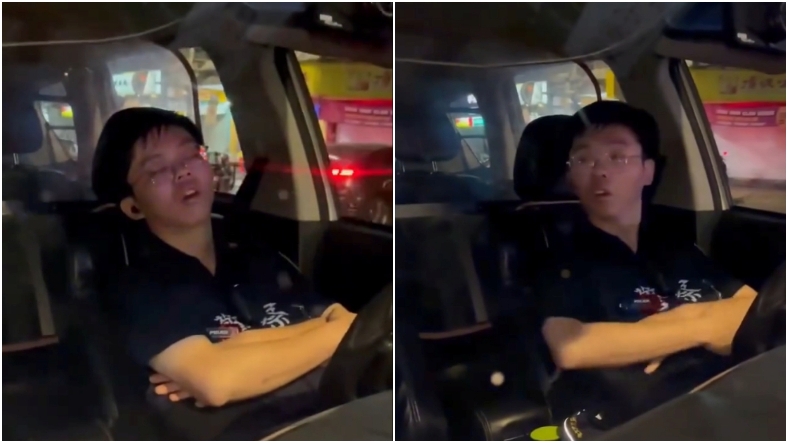 警察睡得香甜，後來被敲窗聲嚇醒。（翻攝畫面）