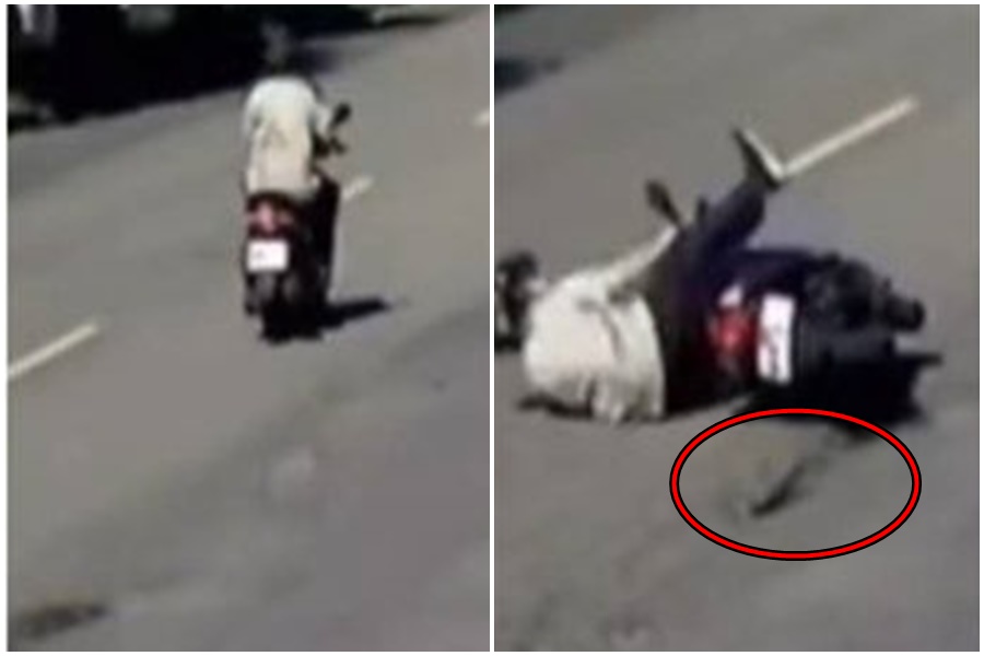 一名騎士近日行經道路時，發現馬路中間有一個大型凹洞，下秒竟神之迴轉逆向，再次重新騎乘經過並假裝跌倒。（翻攝自爆廢1公社）