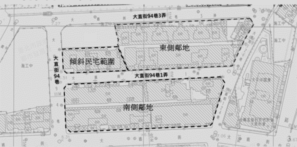 大直街94巷民宅發生傾斜，東側與南側鄰地居民也受到影響。（北市都發局提供）