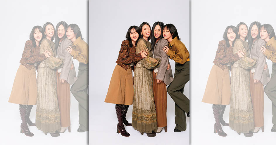 林依晨（左二）與吳可熙（右二）在電影《失明》中是久別重逢的舊情人，而李沐（左一）與王渝萱（右一）則飾演她們的少女版。四人詮演在女性愛與欲的流動之中，所面臨的困惑與清明。