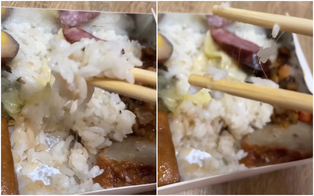 有網友使用外送平台買便當吃，仔細一看才發現白飯竟然已經「牽絲」。（翻攝自爆料公社）