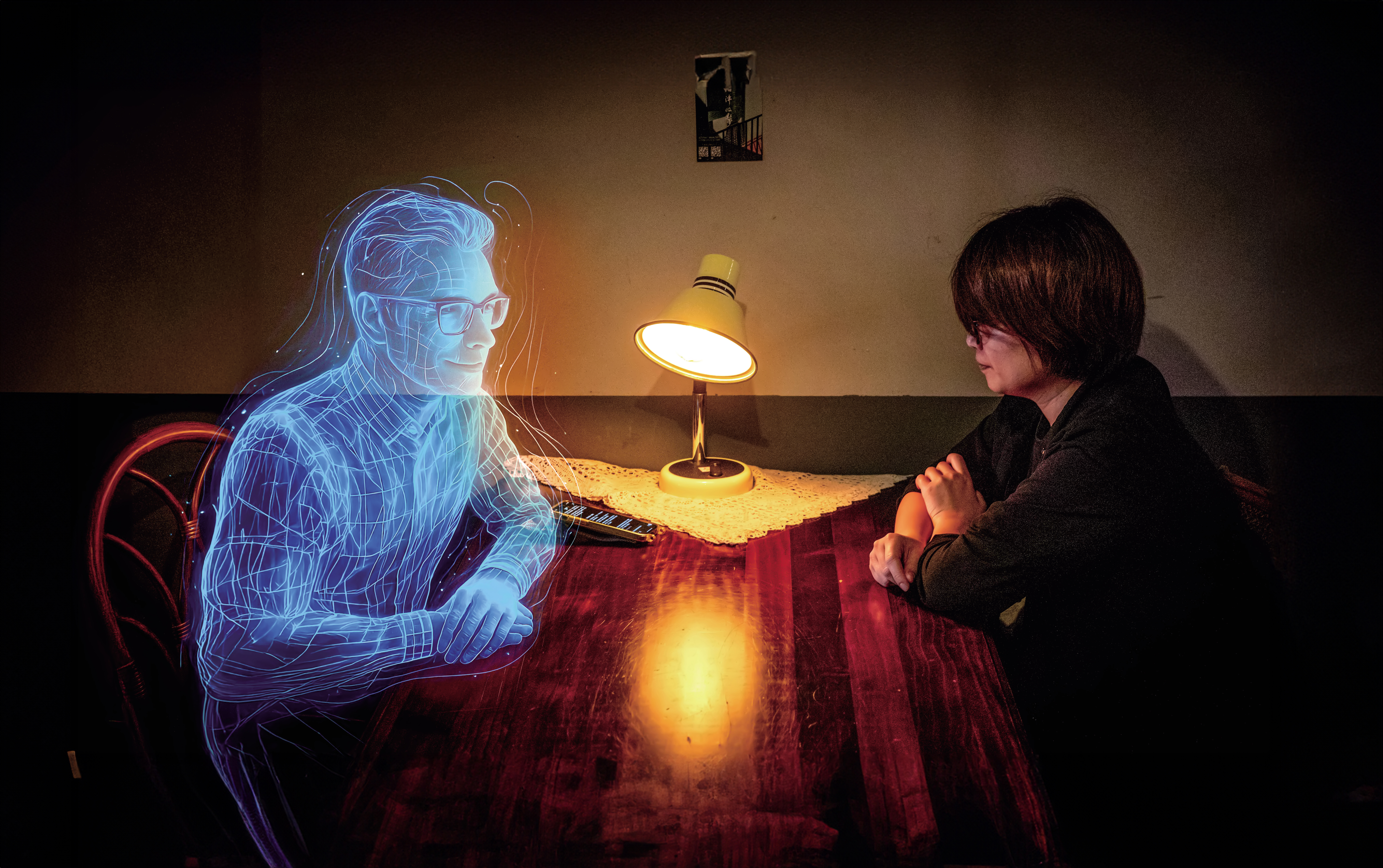 報告顯示，人們正將情感需求轉向生成式AI，心理諮詢與陪伴在今年來到使用方式的榜首。但雅歌塔（右）在和ChatGPT經歷一場刻骨銘心的愛戀後，懷疑自己只是大型語言模型公司的實驗品。（AI繪圖FREEPIK生成，本刊美術組後製）