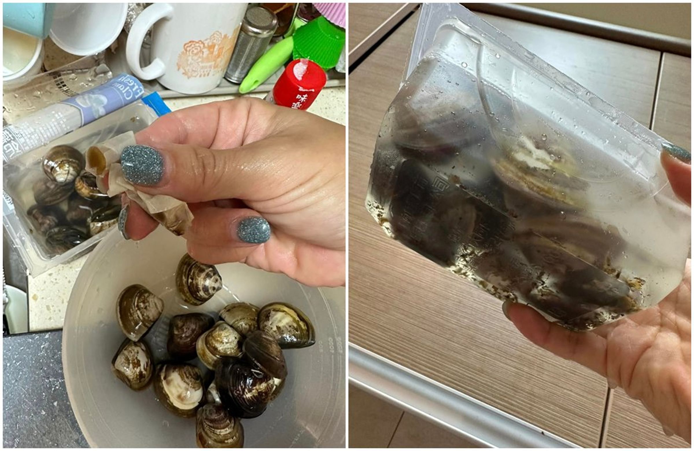 消費者到好市多買蛤蜊,打開後卻驚見菸蒂。(翻攝自Costco好市多 商品經驗老實說)
