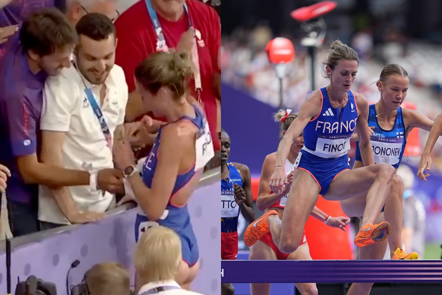 法國田徑女選手菲諾特，在破完紀錄，直接跑去向男友求婚。（翻攝自@TansuYegen X、Alice Finot臉書）