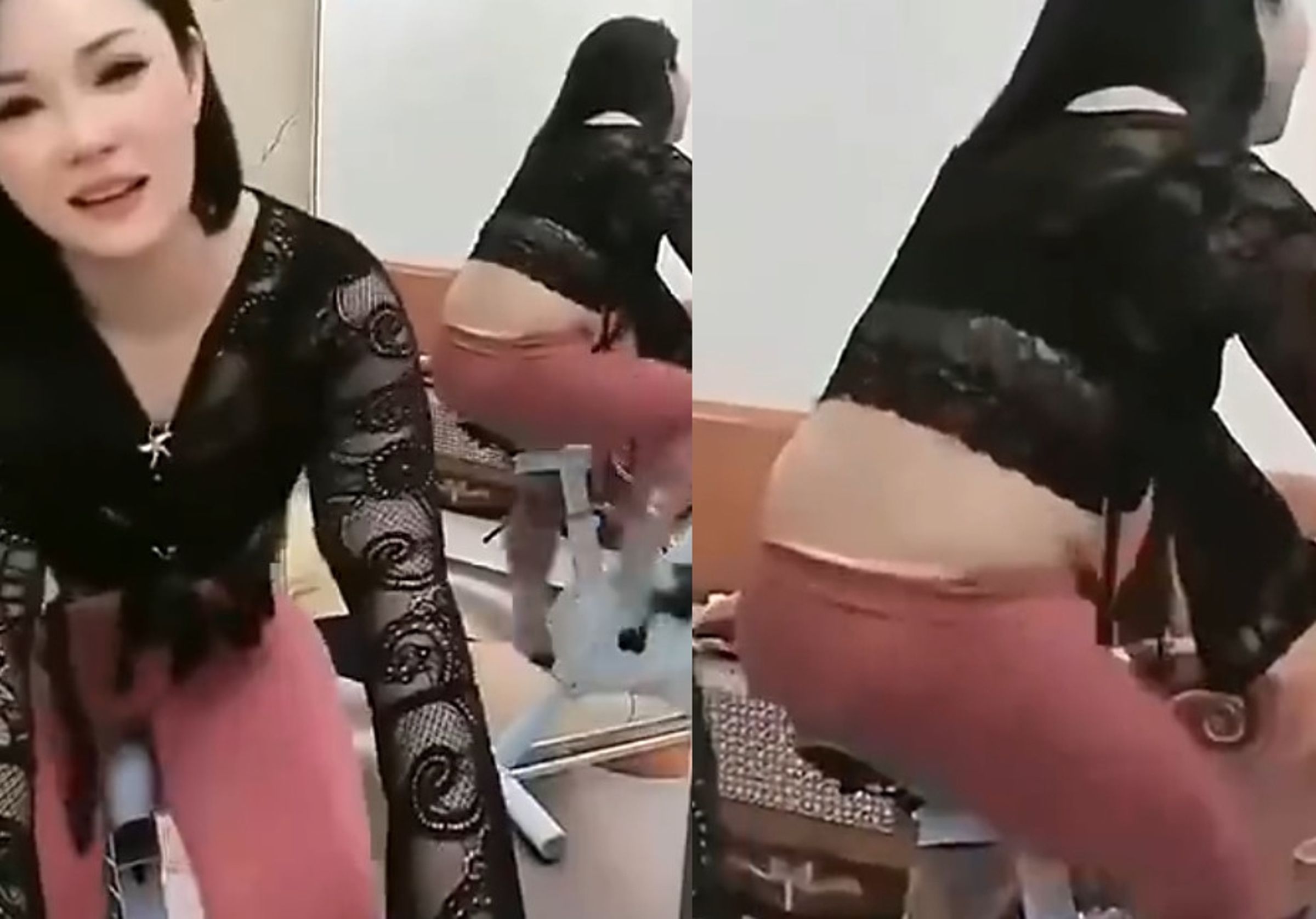 中國一名直播主直播時使用瘦身濾鏡,沒想到卻被身後鏡子出賣真實身材。(翻攝微博)