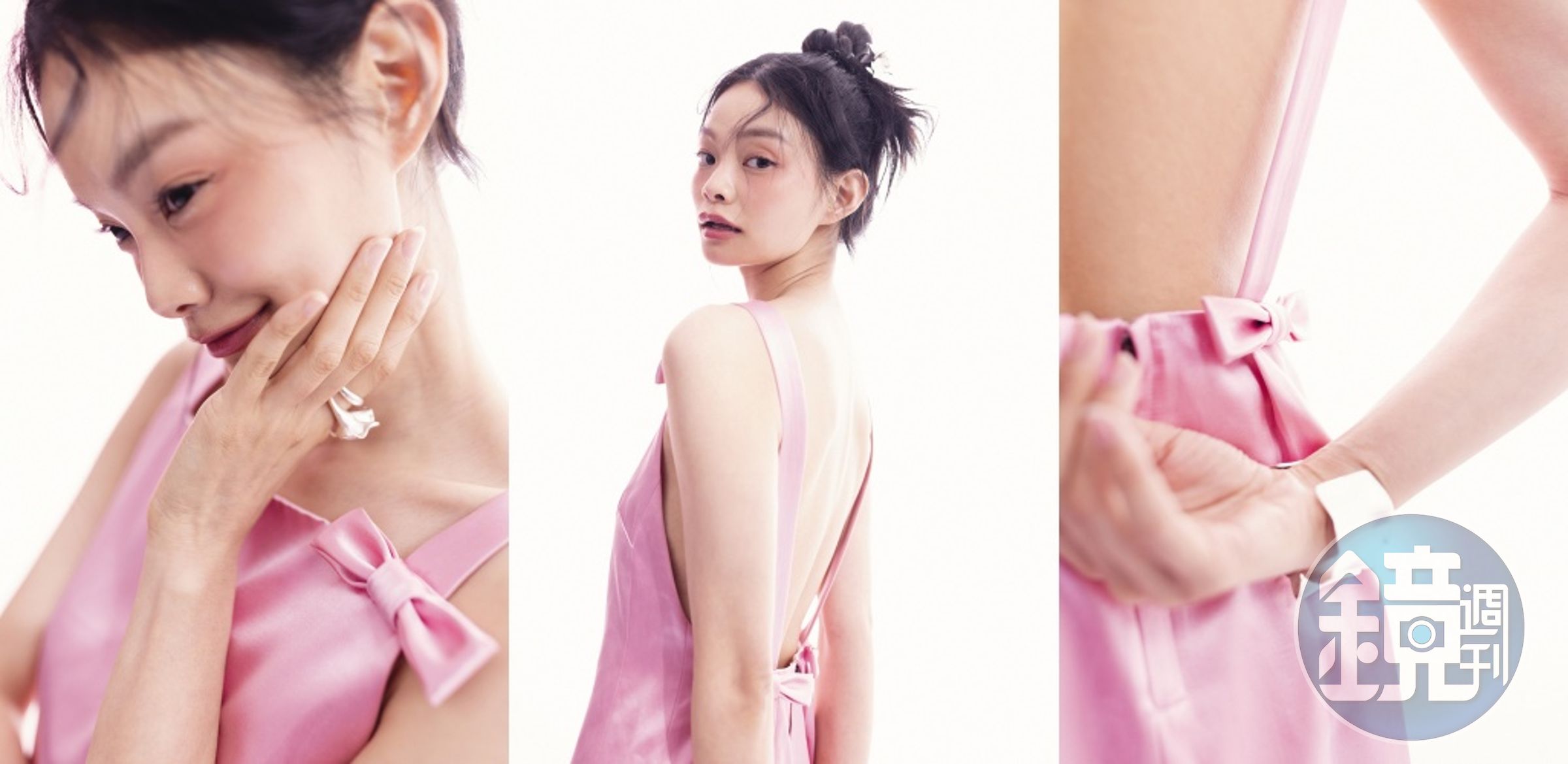 方領緞面短洋裝NT$28,800 by COACH / 髮簪Floral / Hair Pin NT$1,700 by COS / 戒指Coiled Floral Ring NT$1,700 by COS / 手環Textured Cuff NT$2,000 by COS