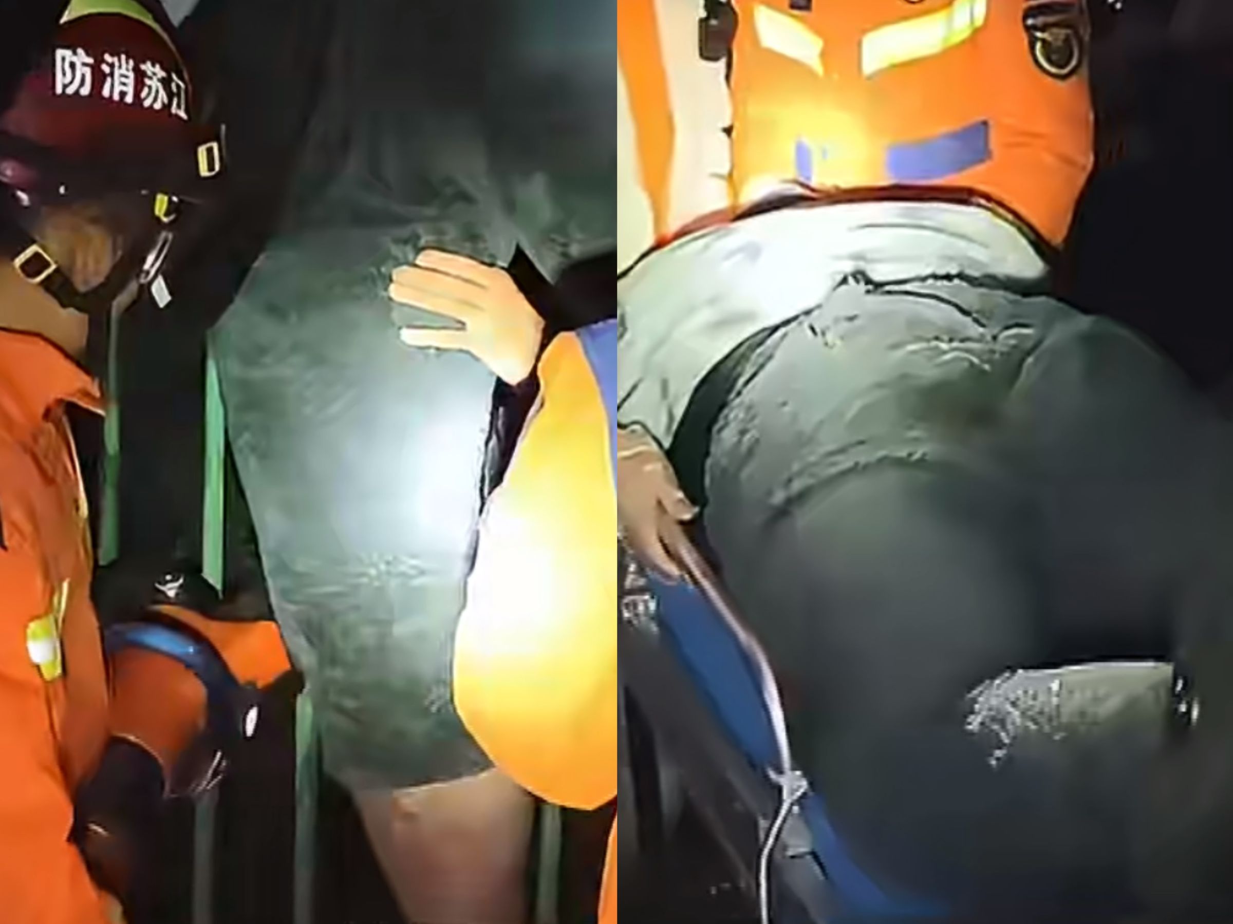 中國大陸淮安市一名大二男學生，凌晨想翻牆外出吃宵夜，不料卻失手導致臀部被防盜鐵刺刺穿，卡在圍牆上動彈不得。（翻攝自微博現代快報）