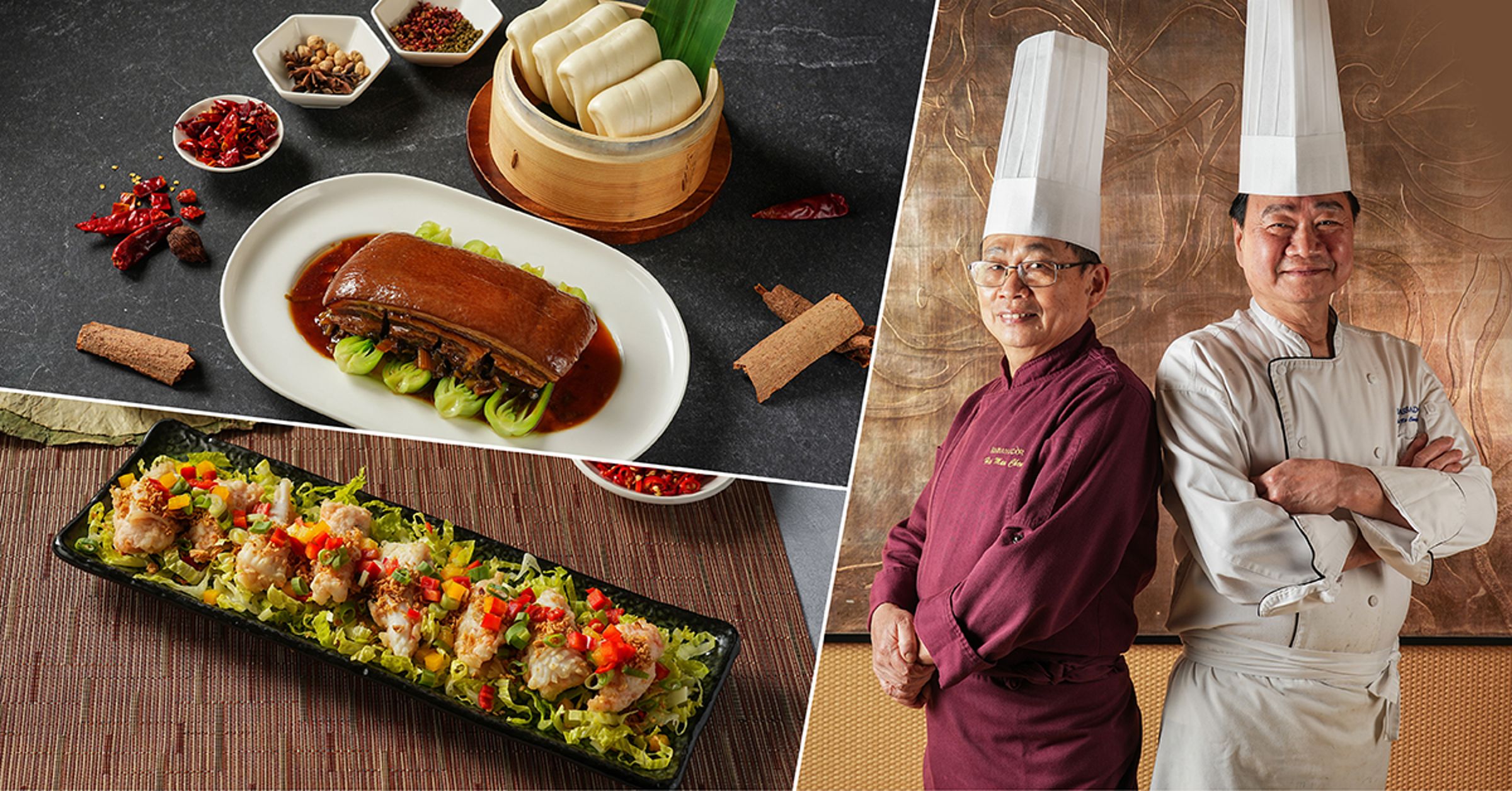 雙廚聯手！新竹國賓玖樓中餐廳春季限定「川粵饗宴」，匯聚兩大資深名廚阿滿師與粵菜大佬鄭志橋主廚手藝，打造出一品東坡肉與百花吊片等多道好菜。
