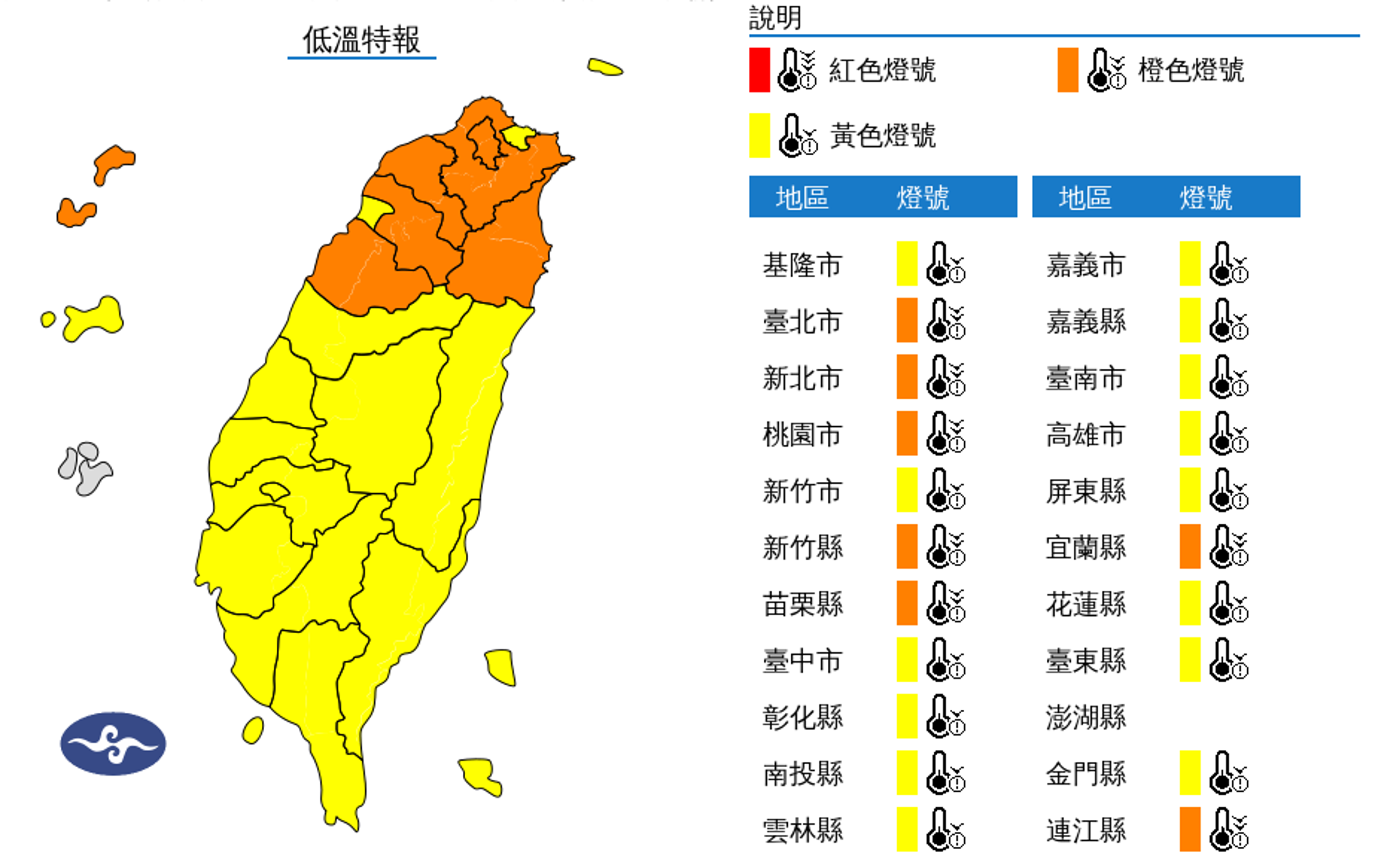 氣象署針對21縣市發布低溫特報。(中央氣象署提供)