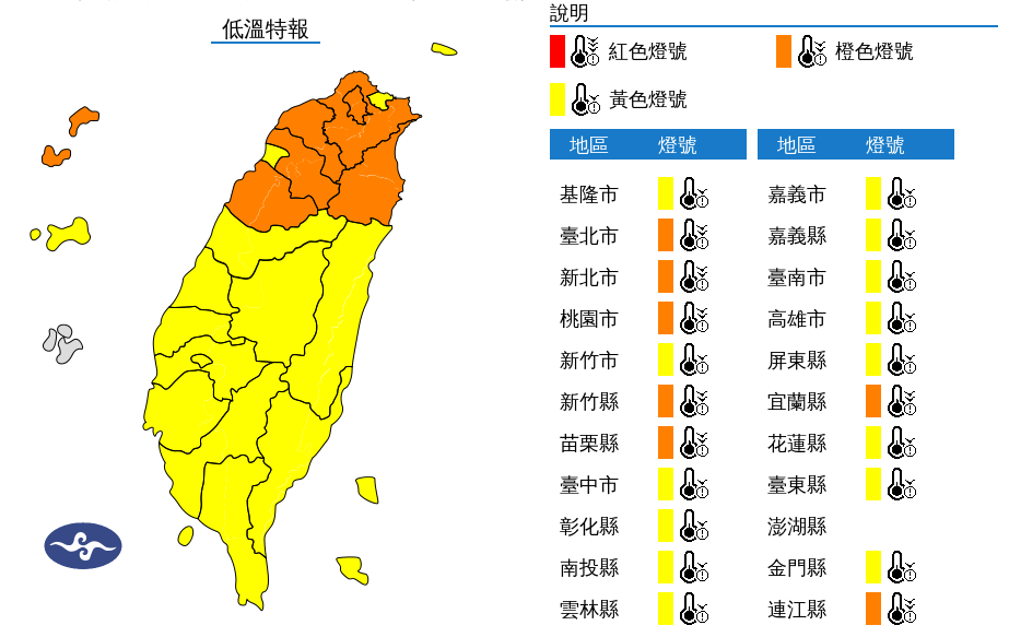氣象署針對21縣市發布低溫特報。(中央氣象署提供)